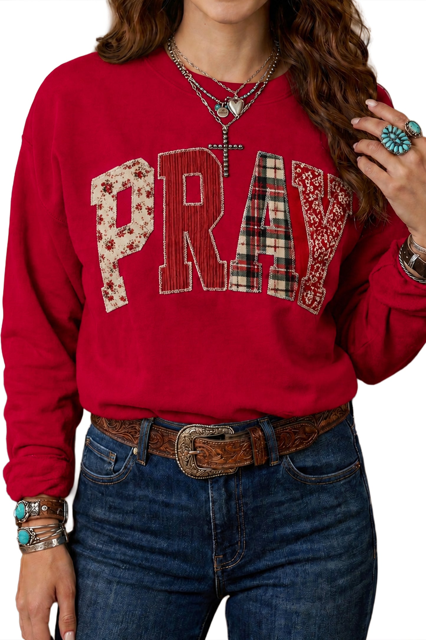 Gray Floral Buffalo Plaid Striped Embroidered Patch Western Pullover Sweatshirt