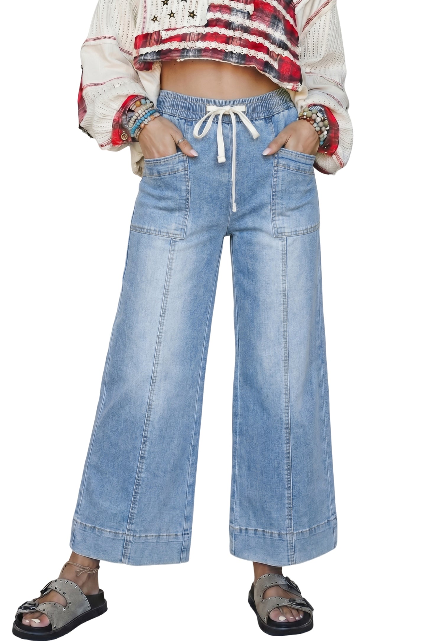 Beau Blue Drawstring Waist Wide Leg Ankle Length Jeans