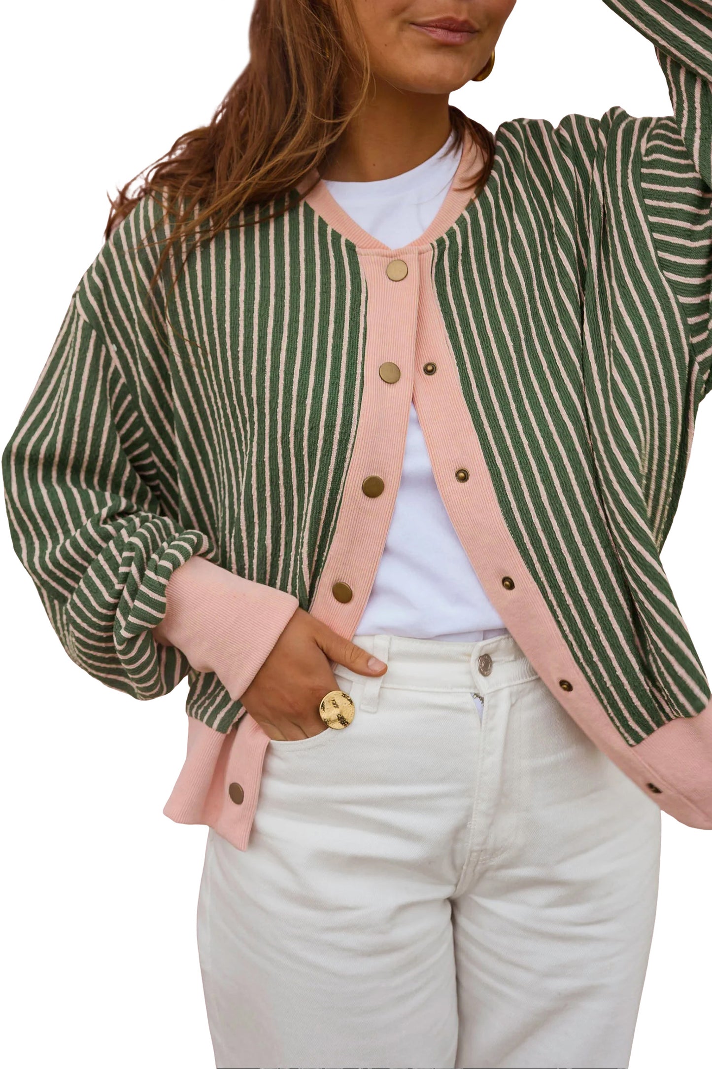 Green Stripe Striped V Neck Patchwork Long Sleeve Regular Fit Cardigan