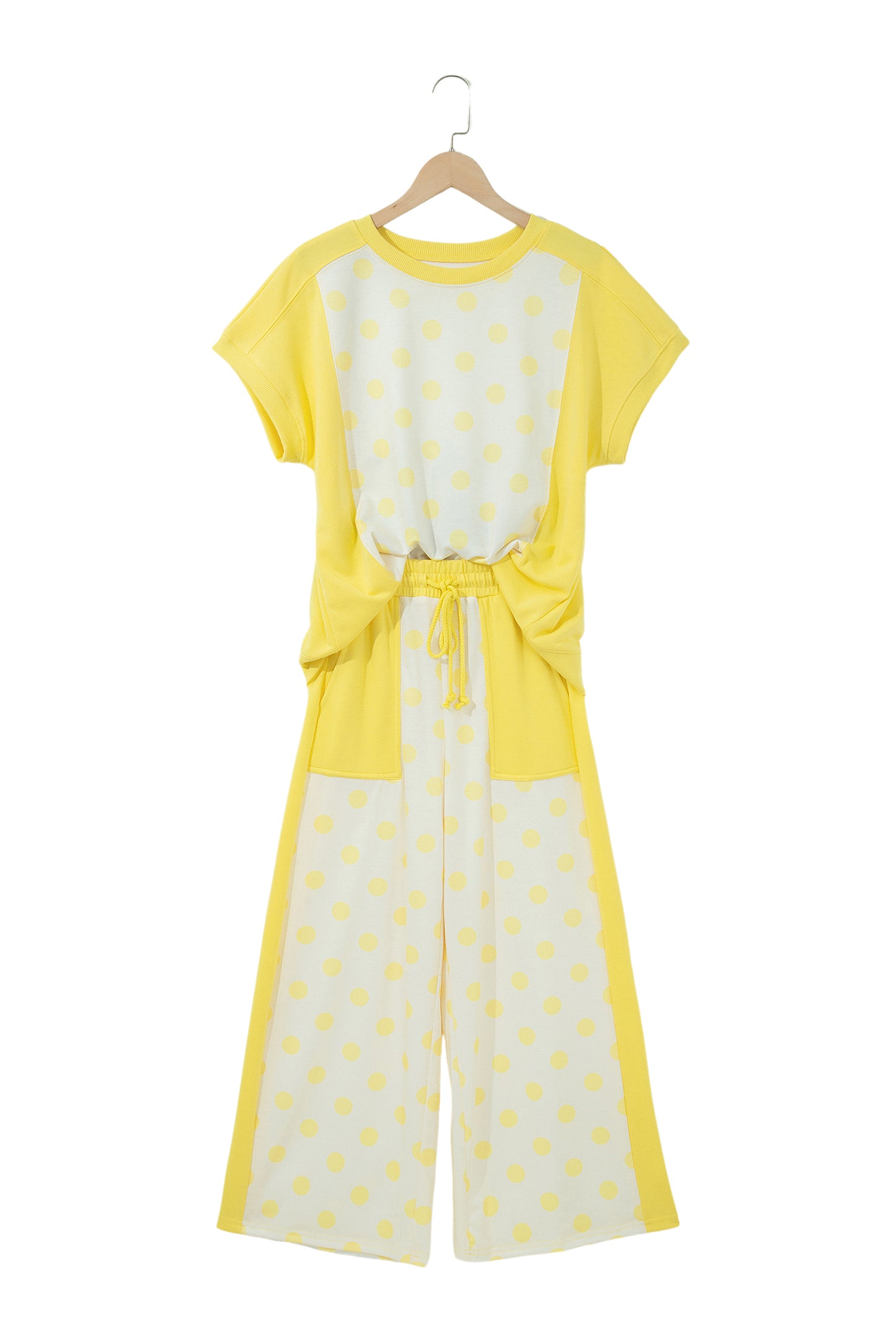 Pink Color Block Patchwork Polka Dot Wide Leg Pant Set