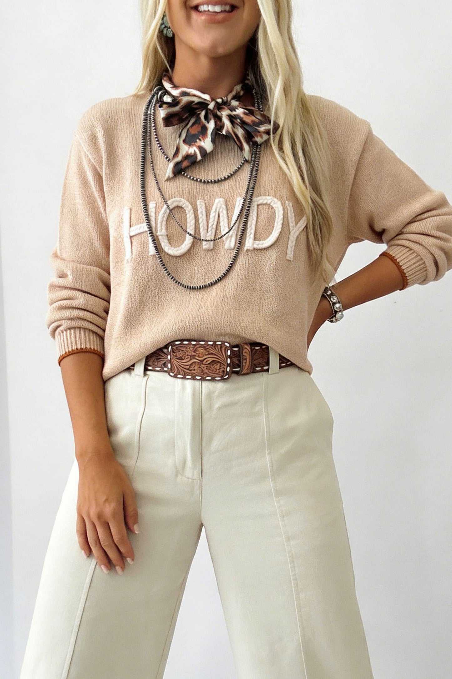 Parchment Corder HOWDY Letter Graphic Crew Neck Relaxed Sweater