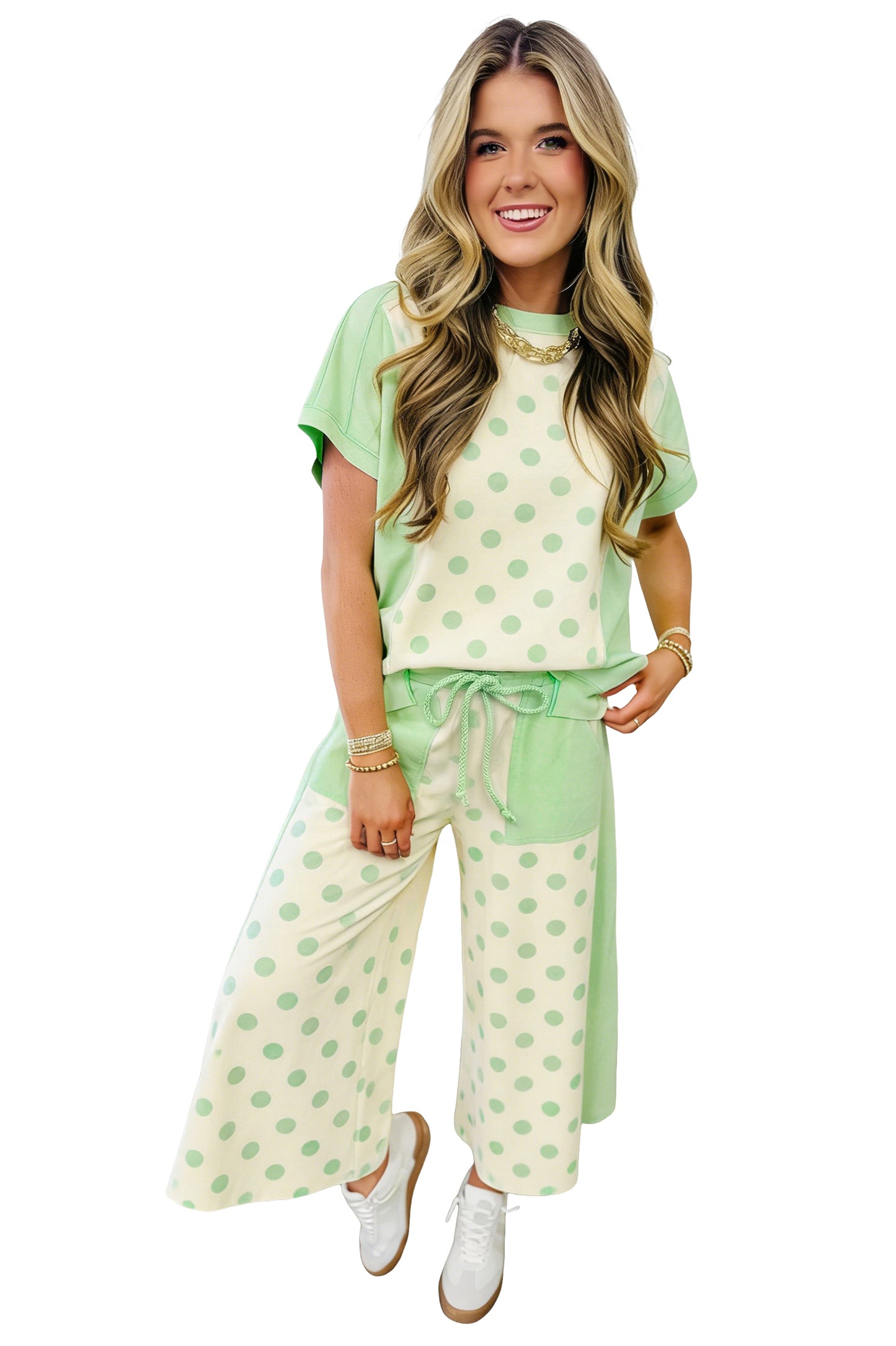 Pink Color Block Patchwork Polka Dot Wide Leg Pant Set