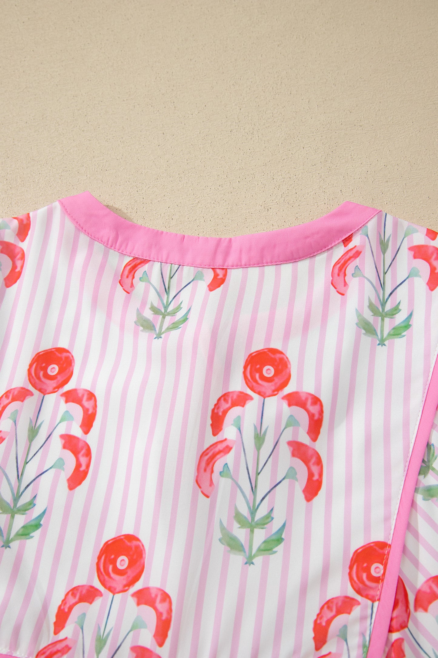 Pink Floral Striped Print Tie Notched Neck Puff Sleeve Flared Mini Dress