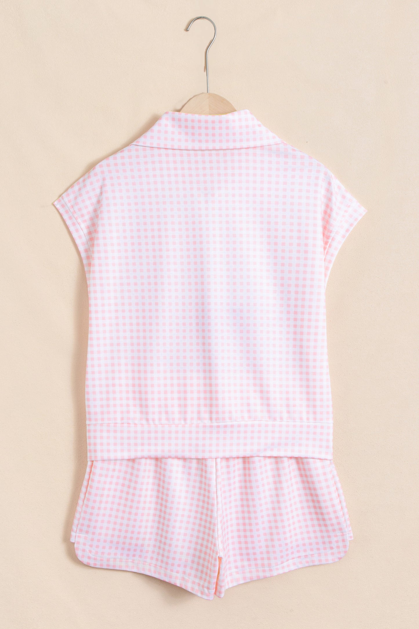 Pink Plaid Zip Neck Sleeveless Top Elastic Waist Shorts Casual Two Piece Short Set