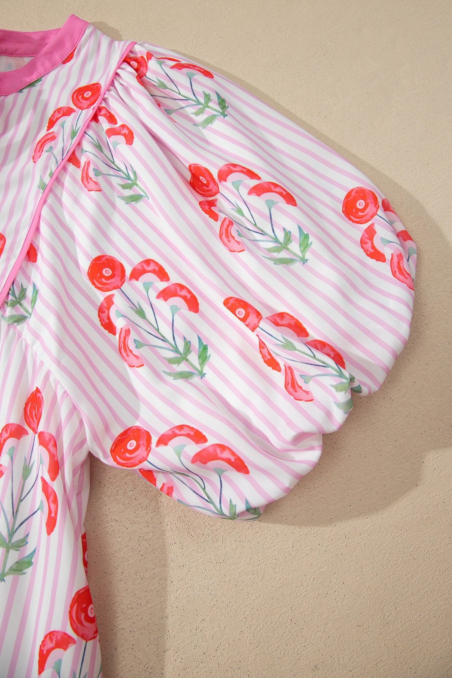 Pink Floral Striped Print Tie Notched Neck Puff Sleeve Flared Mini Dress