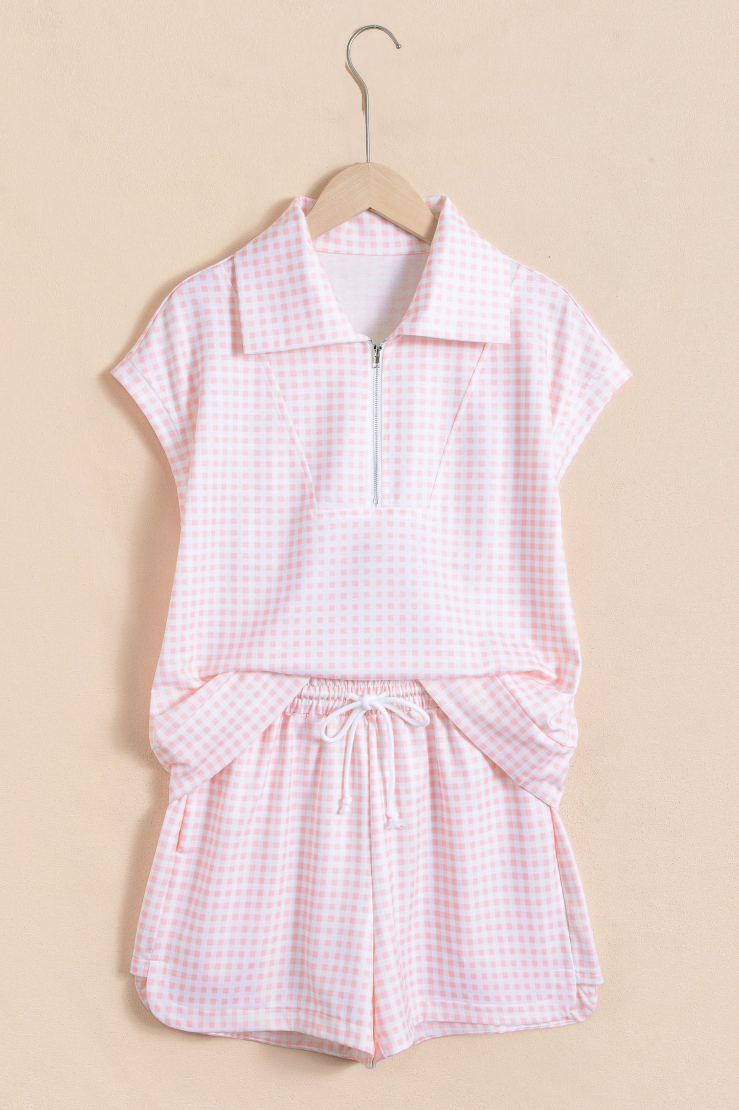 Pink Plaid Zip Neck Sleeveless Top Elastic Waist Shorts Casual Two Piece Short Set
