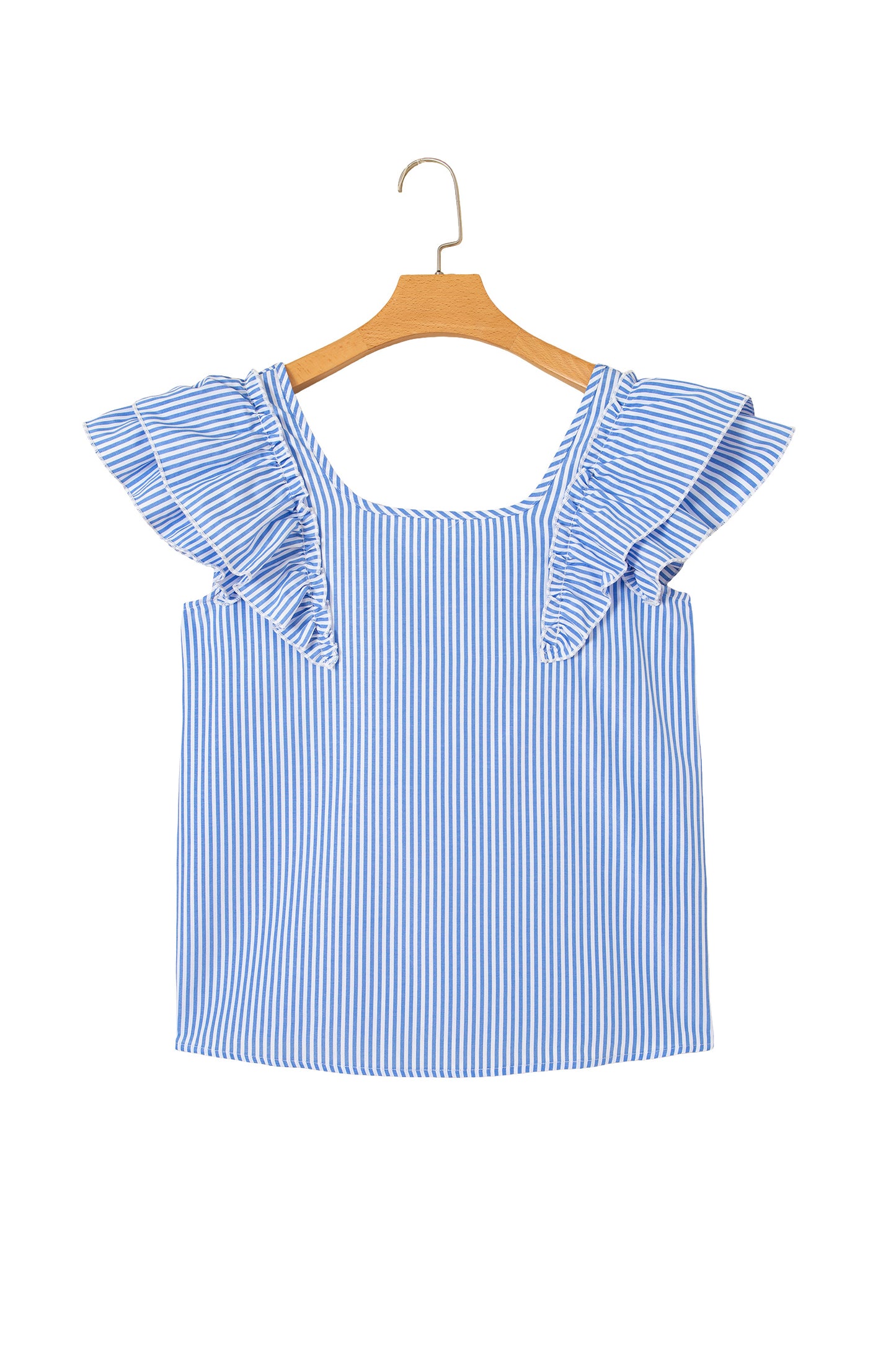 Sky Blue Stripe Square Neck Bow Decor Frilly Ruffled Short Sleeve Blouse