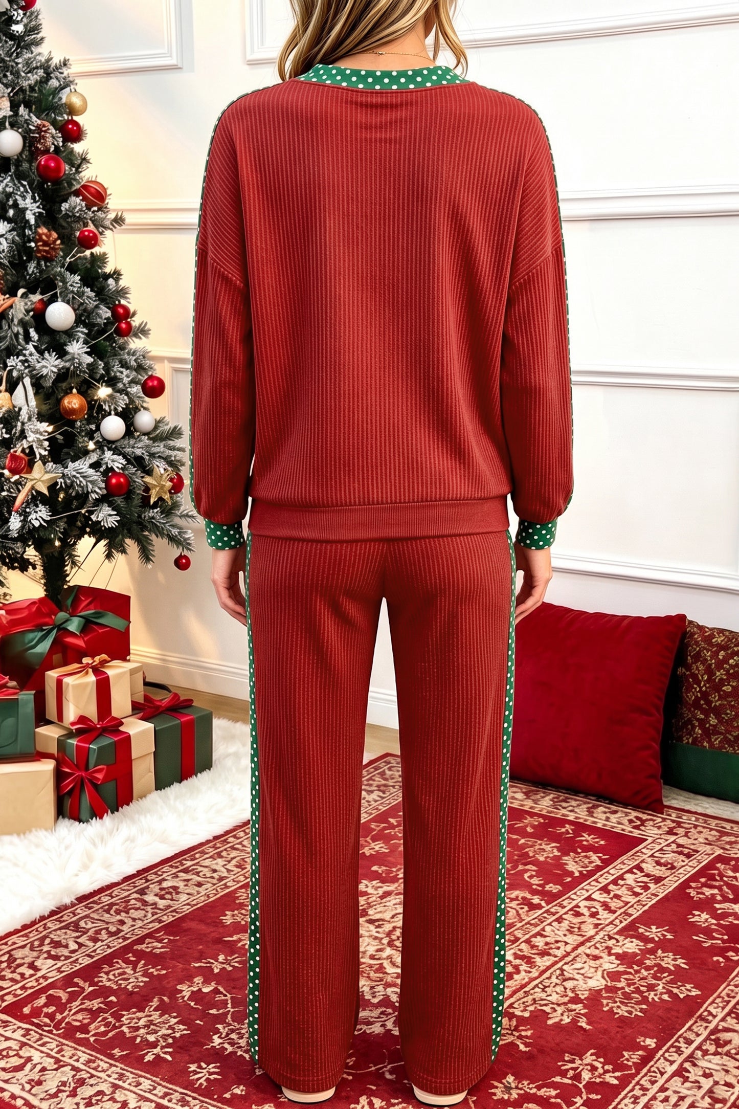 Red Cozy Ribbed Patchwork Polka Dot Trim Long Sleeve 2pcs Pant Set