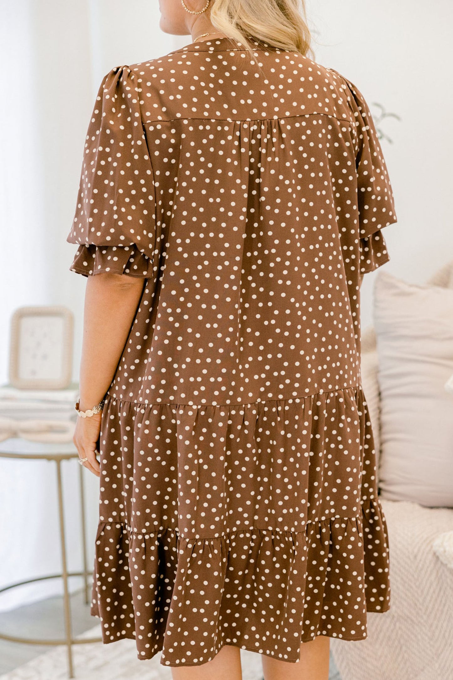 Brown V Neck Polka Dot Long Sleeve Shift Plus Size Dress
