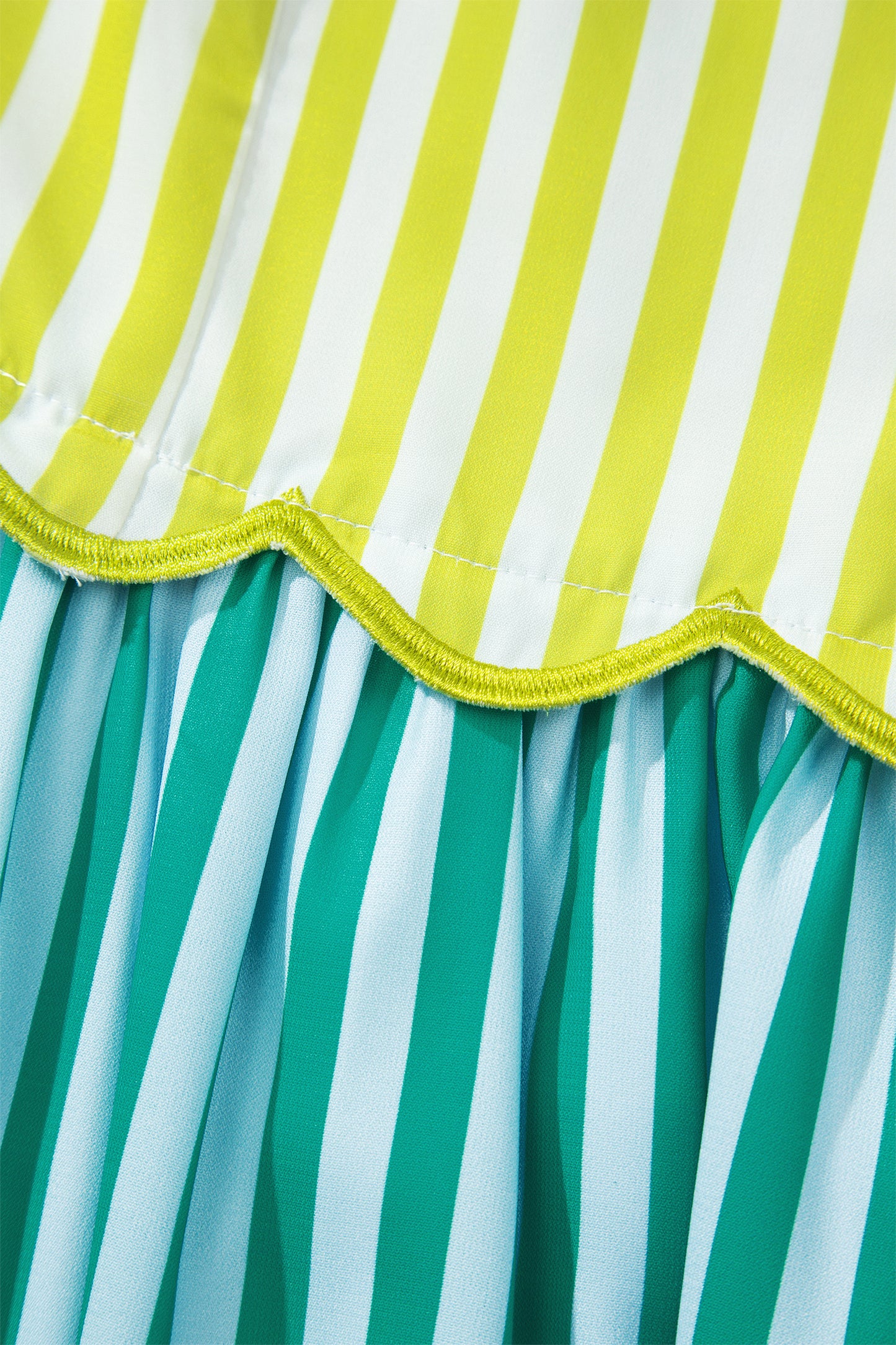 Green Stripe Scalloped Contrast Patchwork Knot Strap Midi Dress