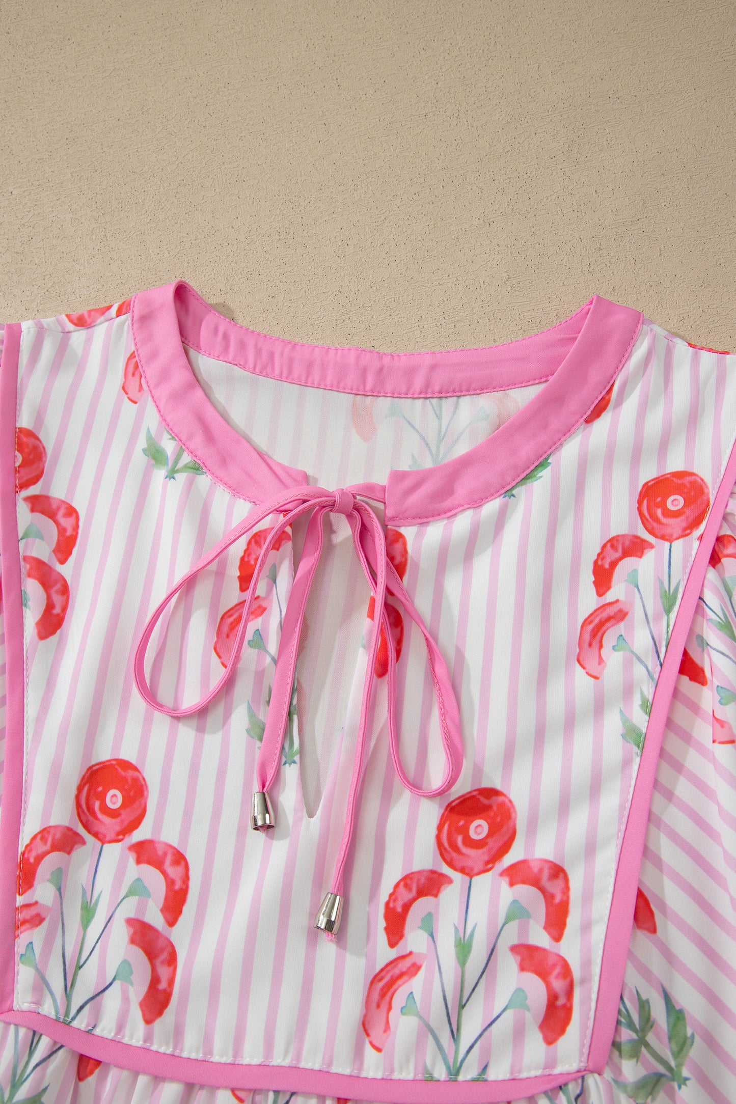Pink Floral Striped Print Tie Notched Neck Puff Sleeve Flared Mini Dress