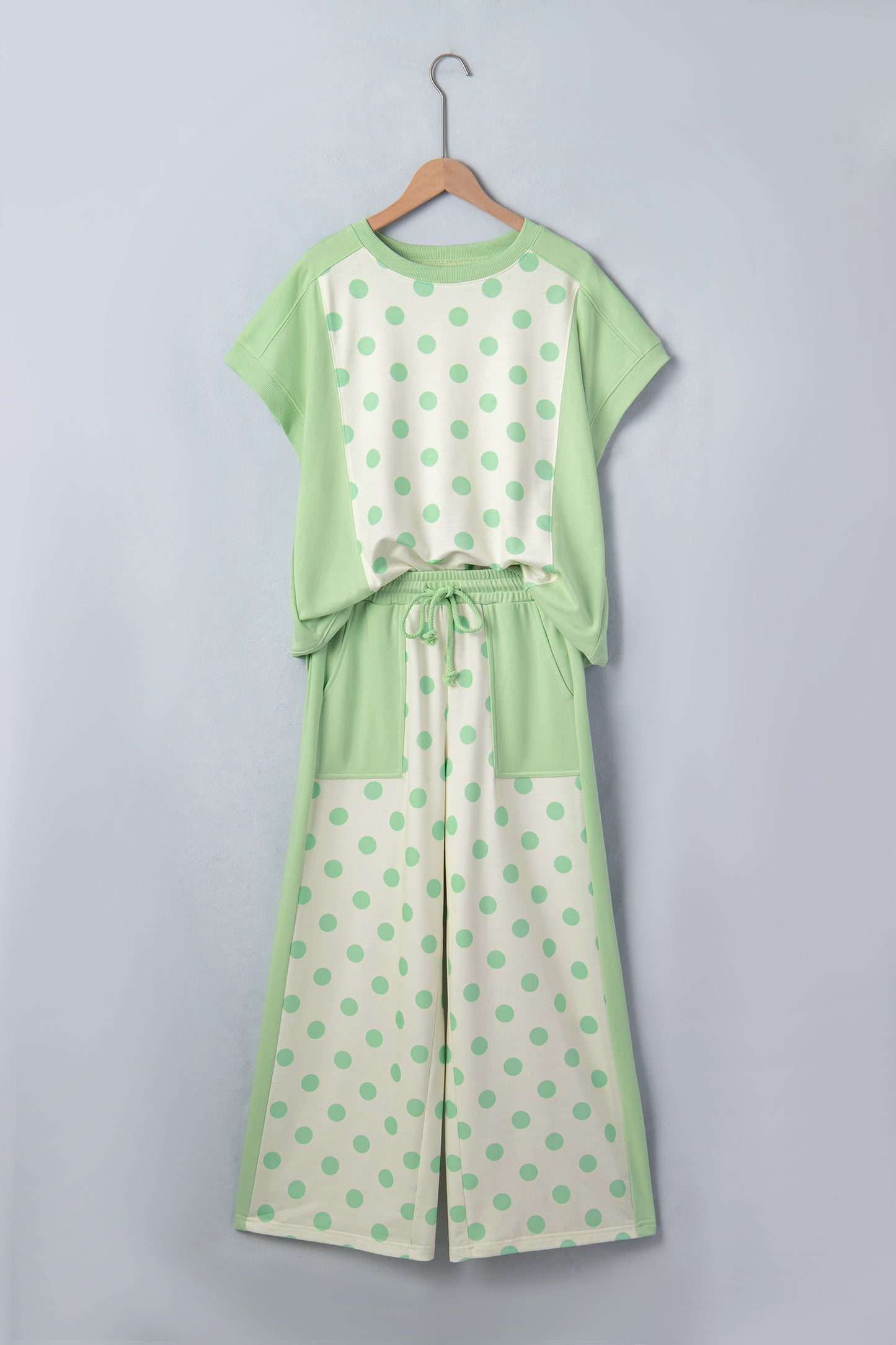Pink Color Block Patchwork Polka Dot Wide Leg Pant Set