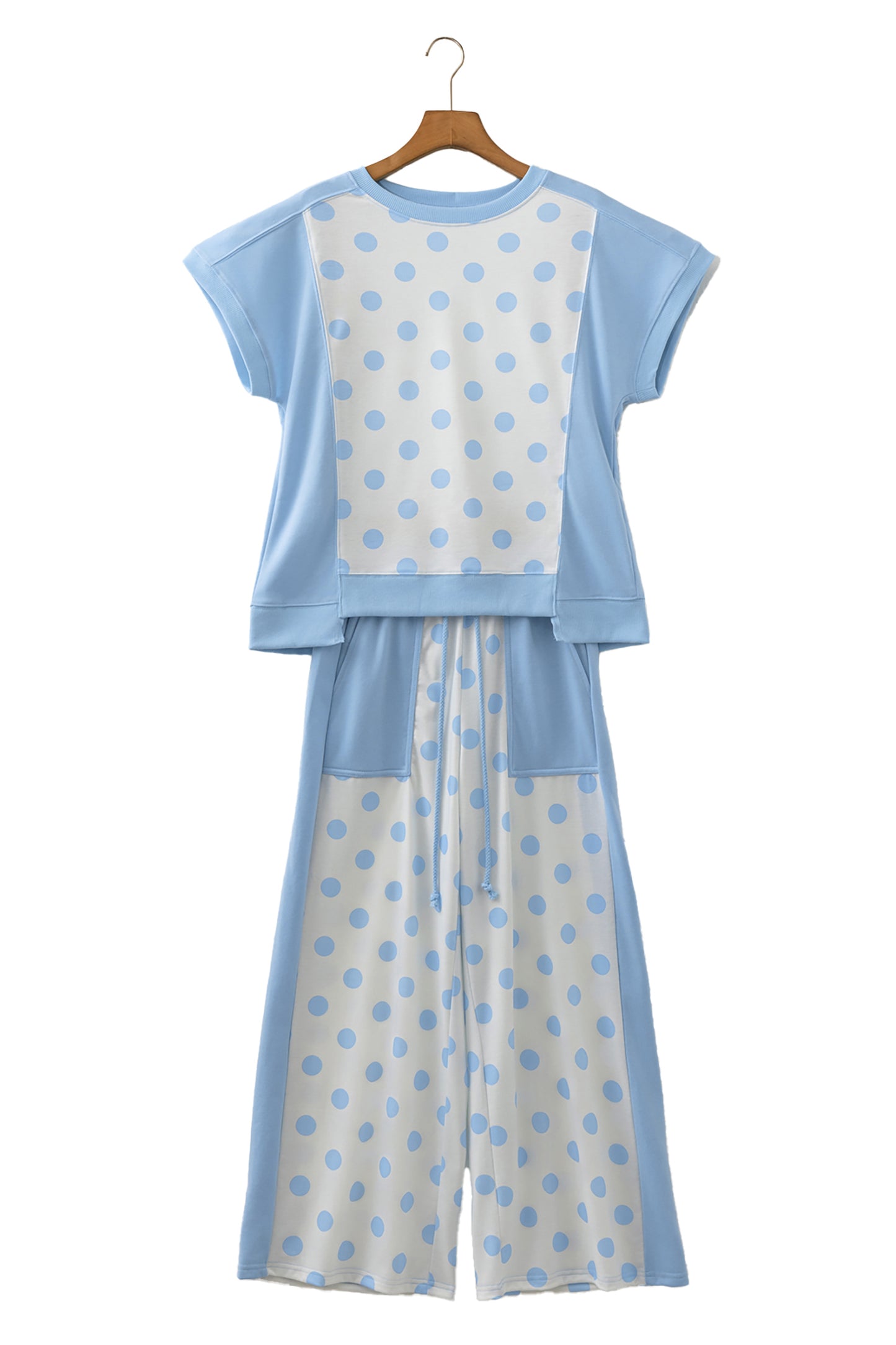 Pink Color Block Patchwork Polka Dot Wide Leg Pant Set