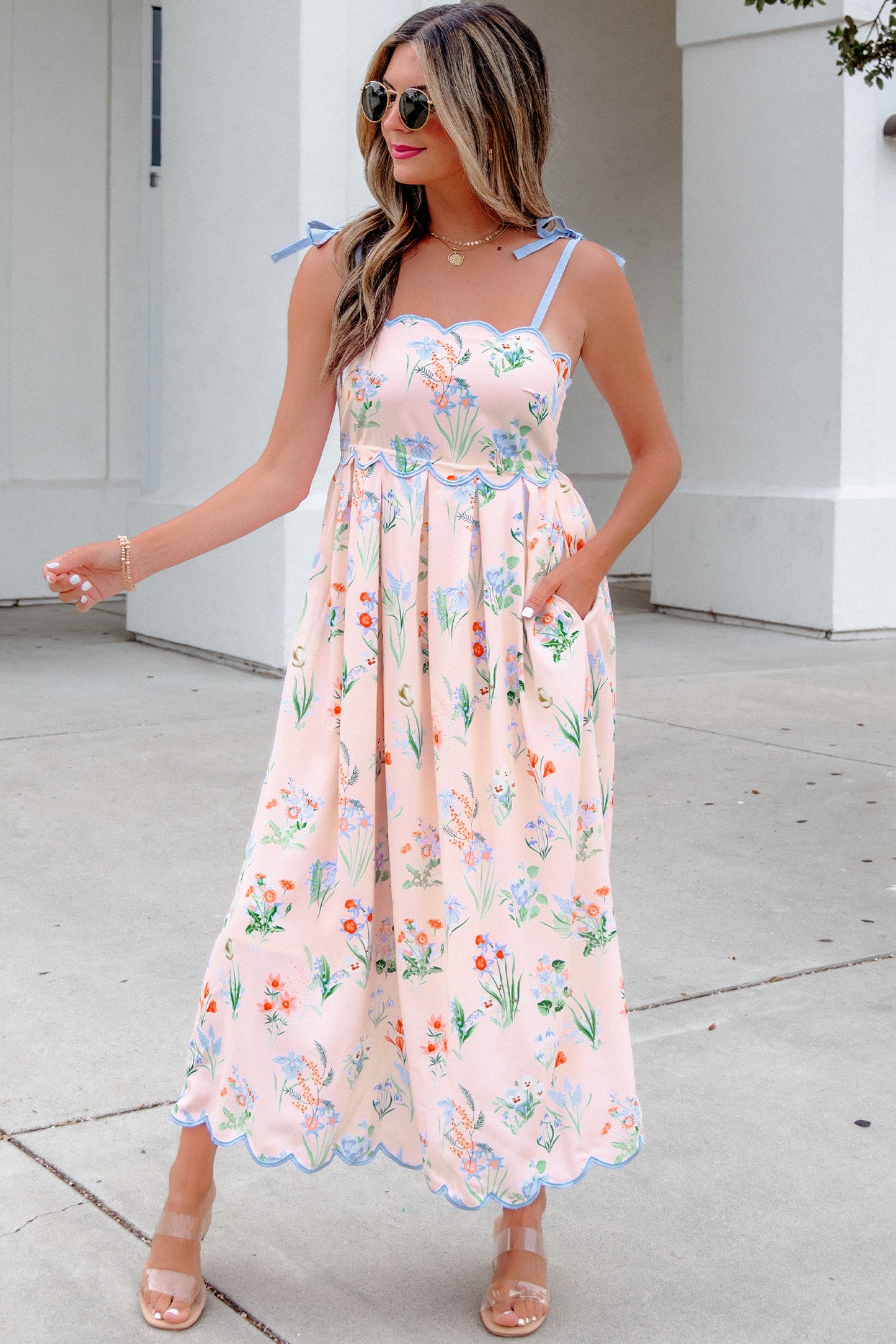 Yellow Floral Print Contrast Trim Self-tie Straps High Waist Midi Dress