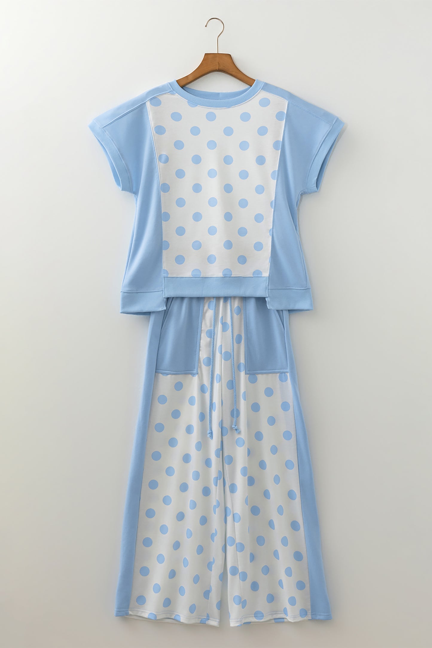 Pink Color Block Patchwork Polka Dot Wide Leg Pant Set
