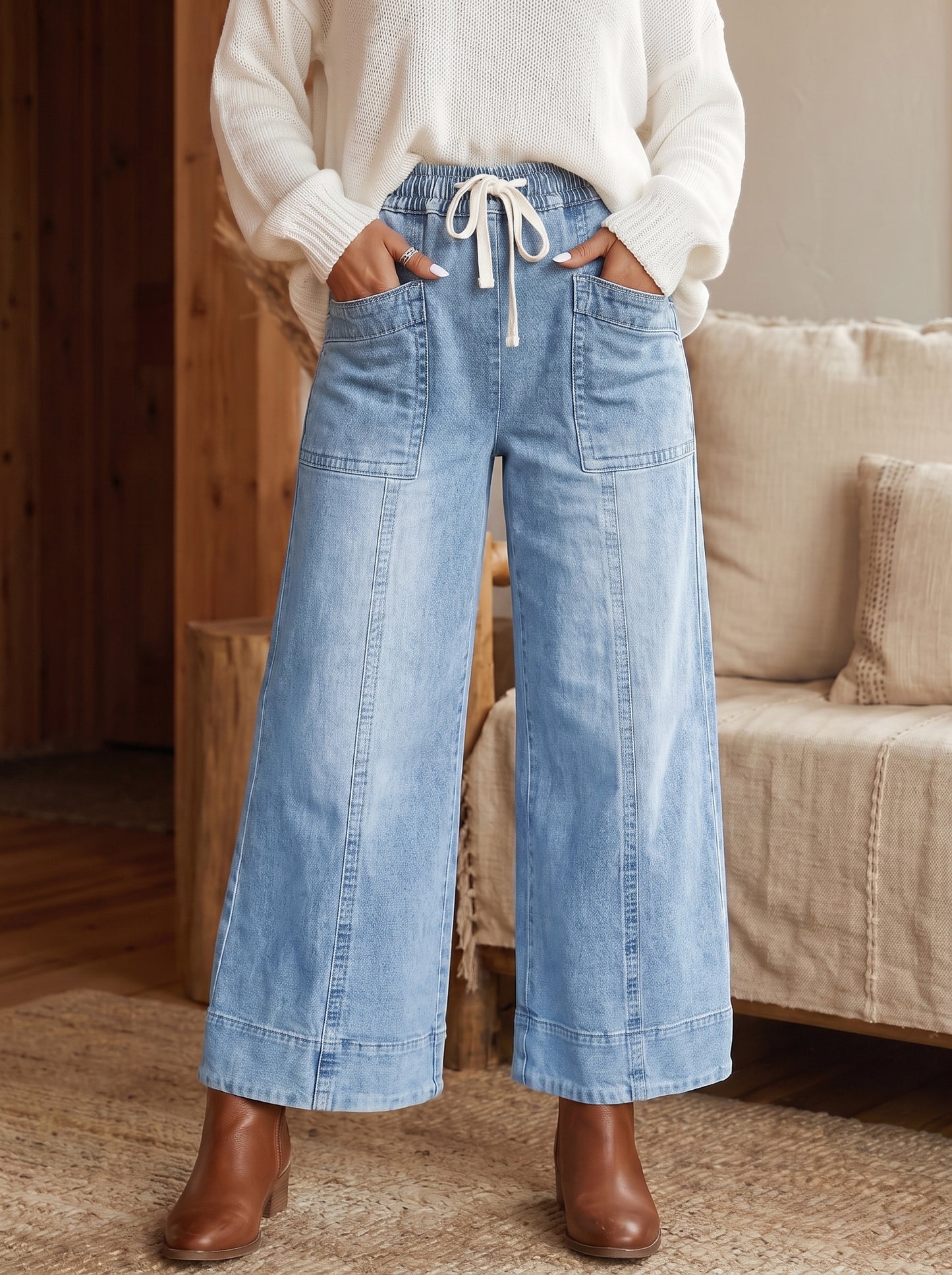 Beau Blue Drawstring Waist Wide Leg Ankle Length Jeans
