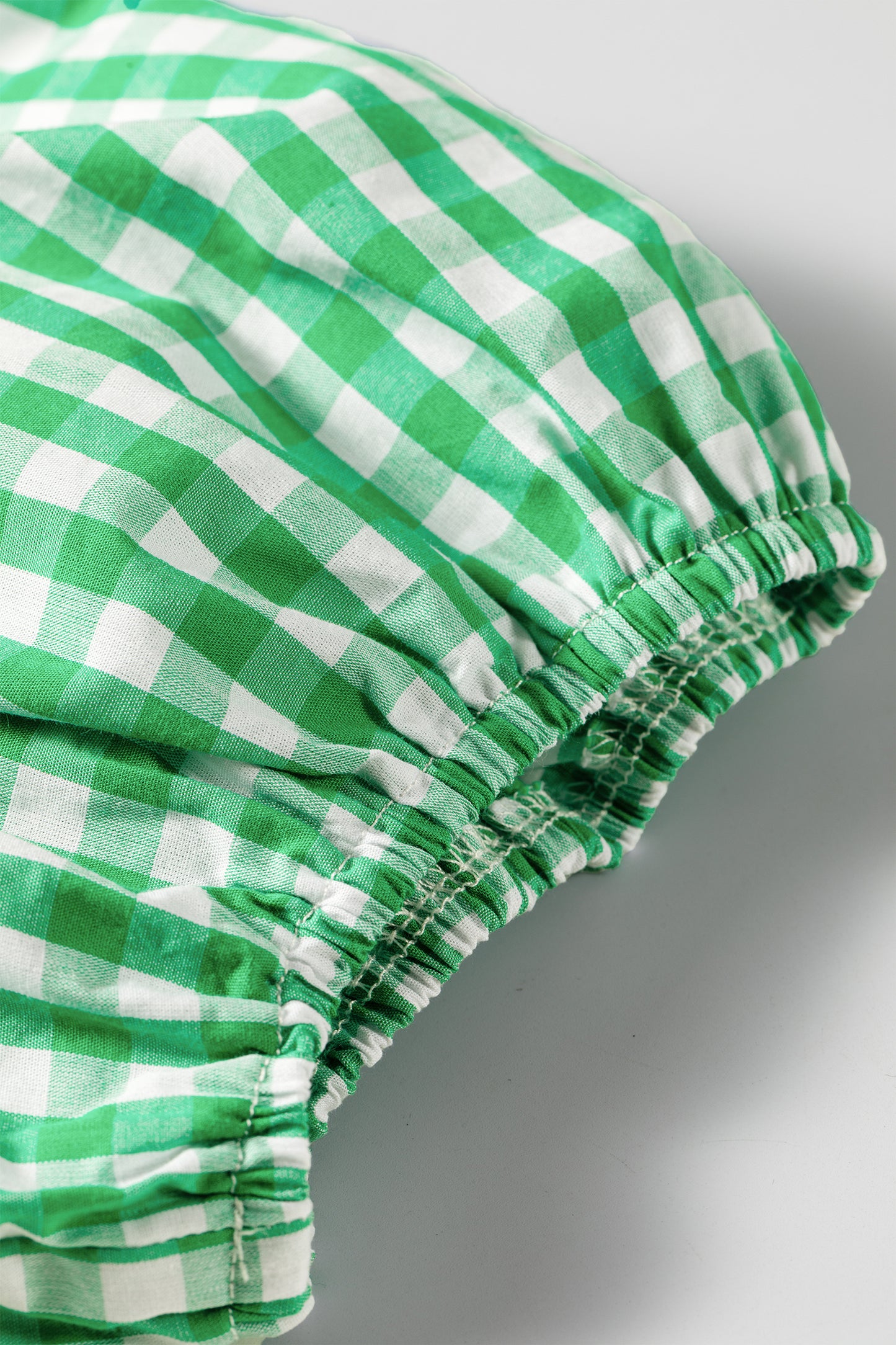 Green Gingham Plaid Bubble Sleeve Colorblock Trim V Neck Blouse