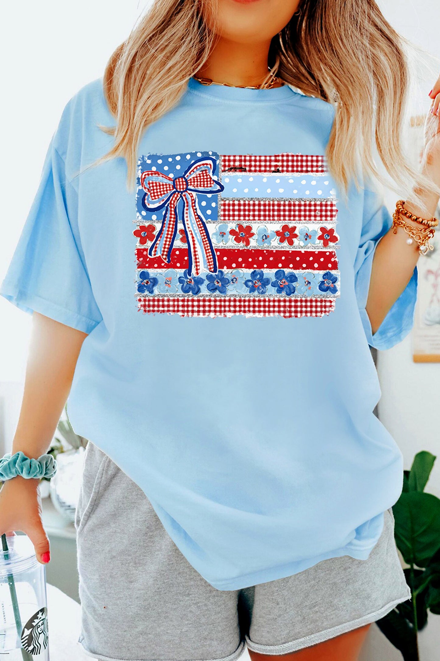 Light Blue Faux Patchwork Printed Coquette American Flag Graphic Tee