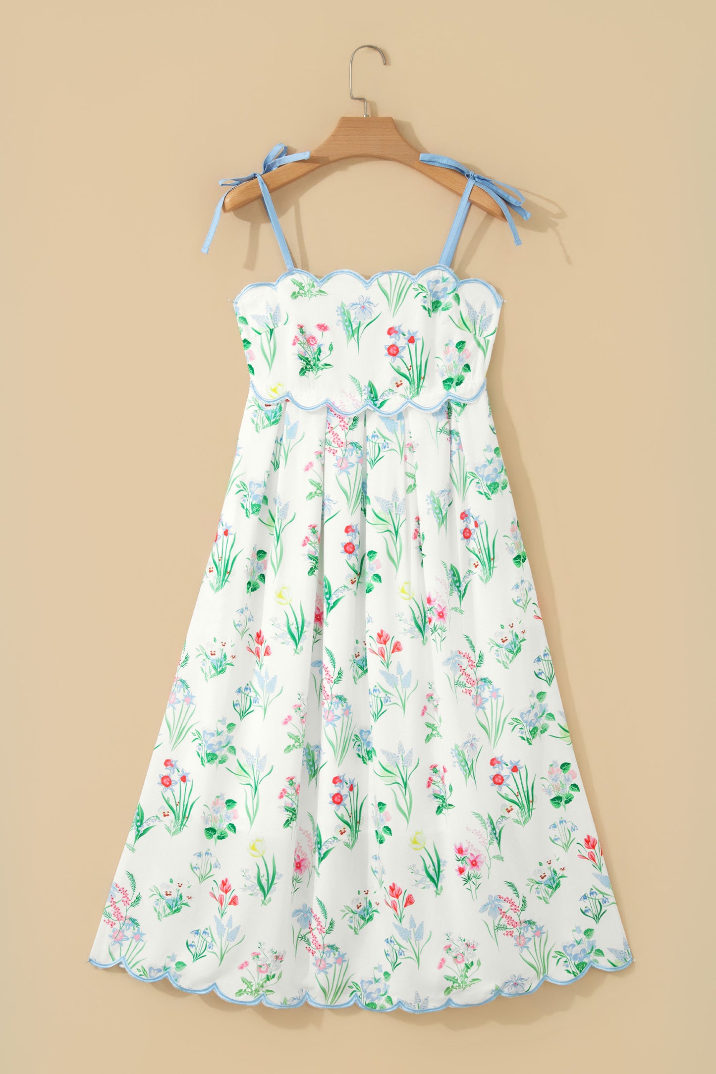 Yellow Floral Print Contrast Trim Self-tie Straps High Waist Midi Dress