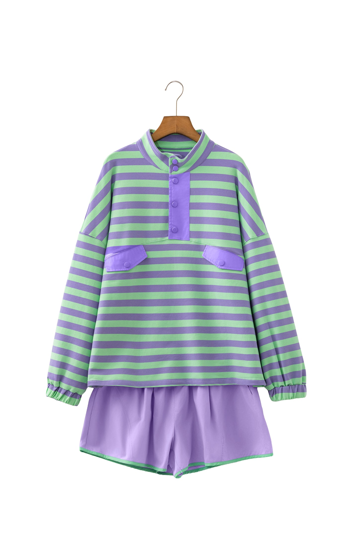 Purple Stripe Half Button Long Sleeve Top Mix and Match Shorts 2pcs Set