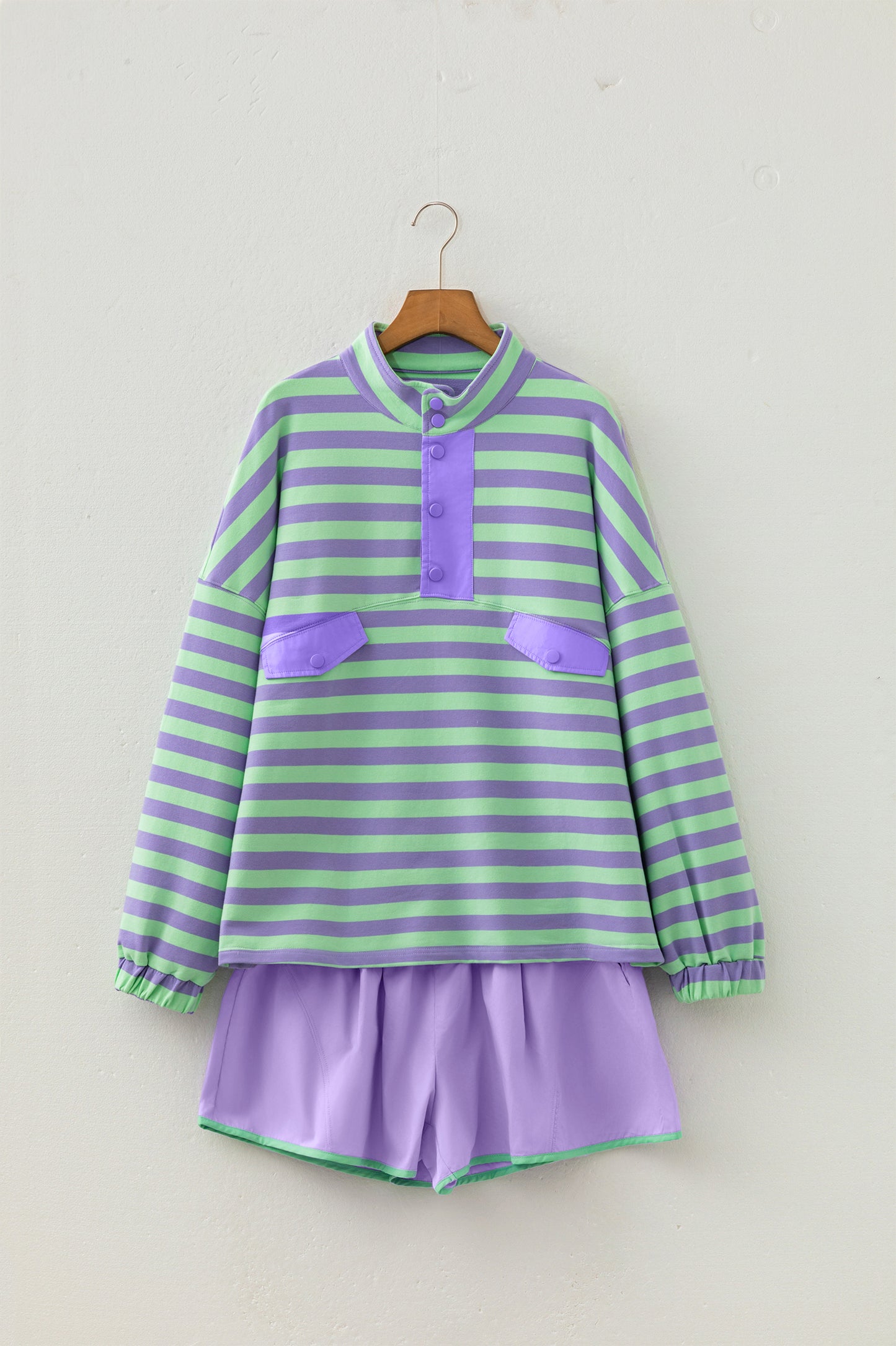 Purple Stripe Half Button Long Sleeve Top Mix and Match Shorts 2pcs Set