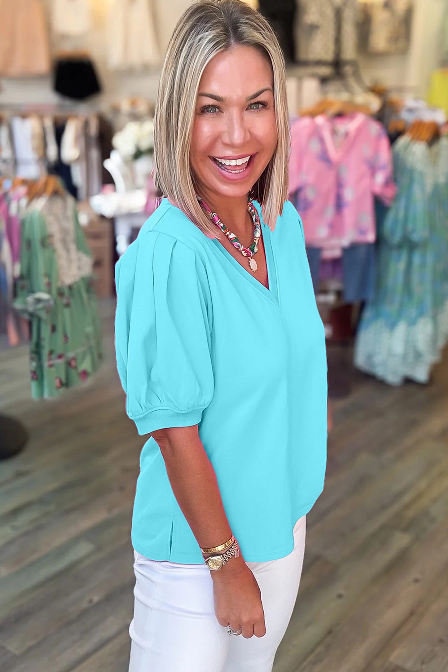 Mint Green Solid Color V Neck Short Puff Sleeve Blouse