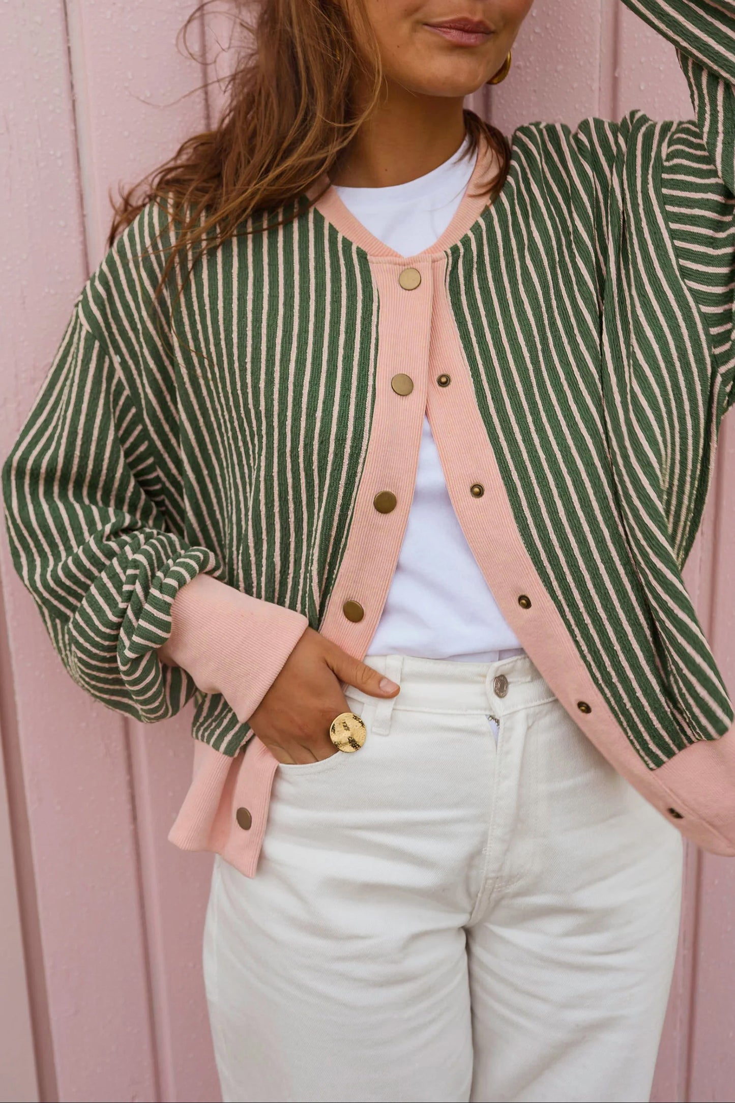 Green Stripe Striped V Neck Patchwork Long Sleeve Regular Fit Cardigan