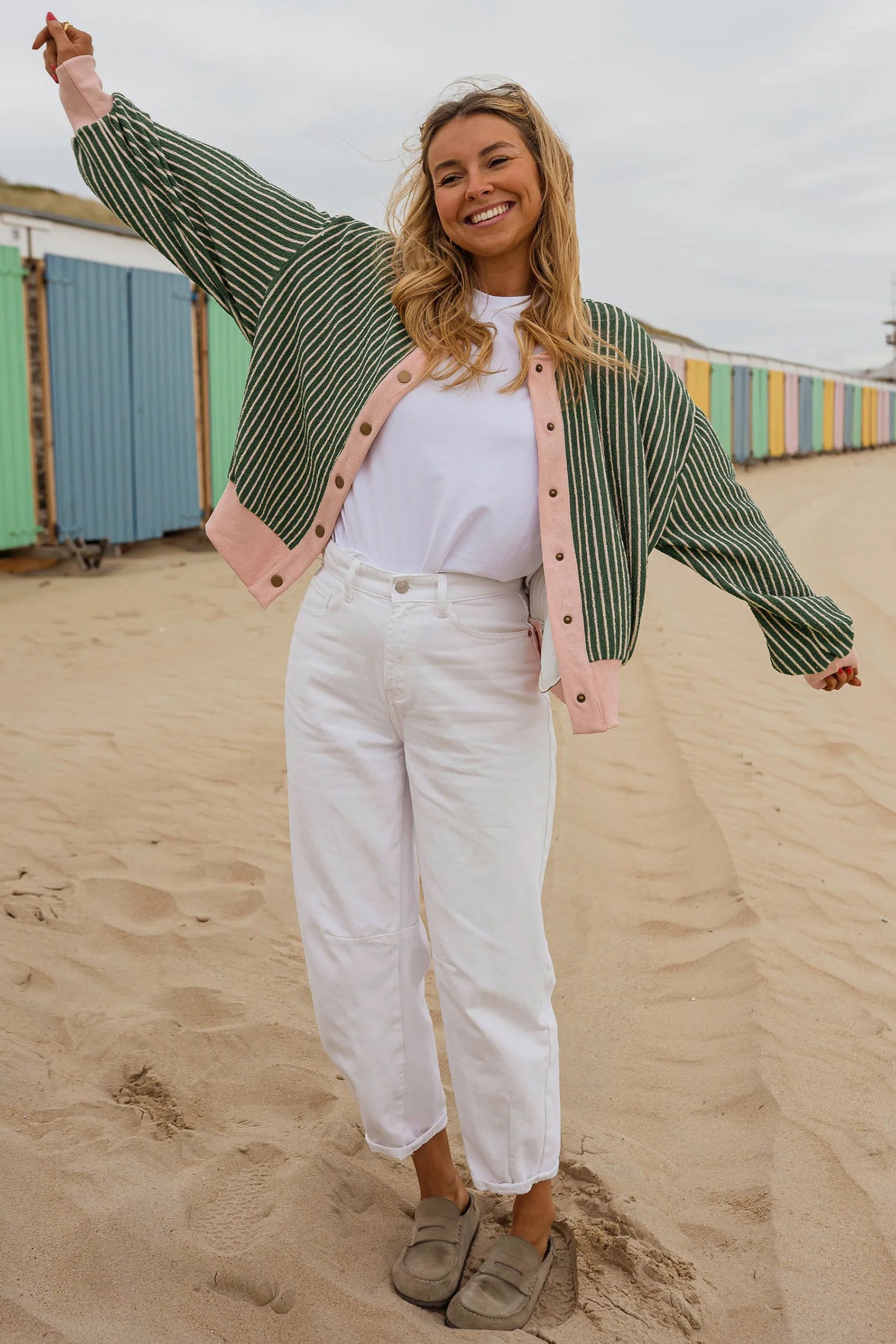 Green Stripe Striped V Neck Patchwork Long Sleeve Regular Fit Cardigan