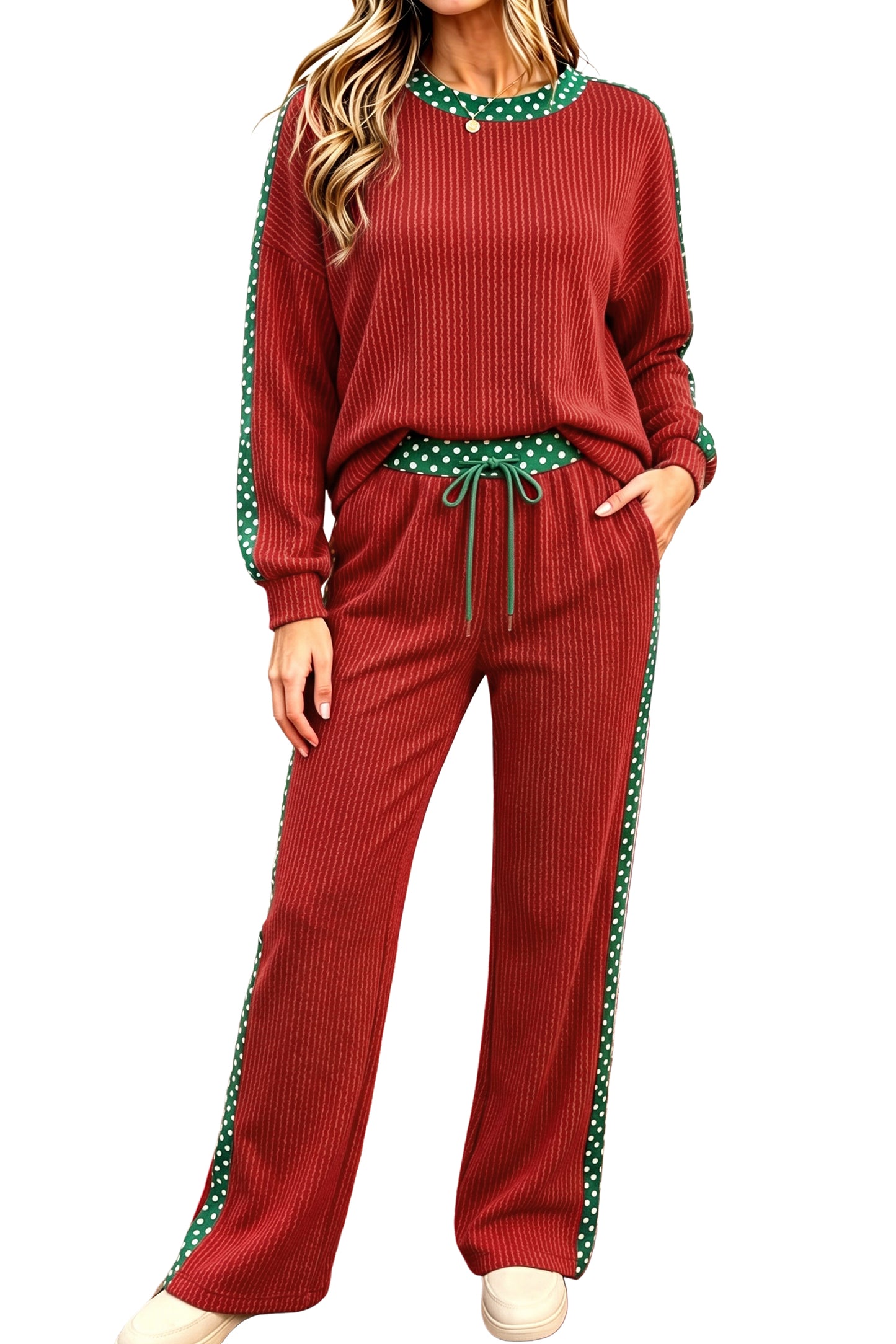 Red Cozy Ribbed Patchwork Polka Dot Trim Long Sleeve 2pcs Pant Set