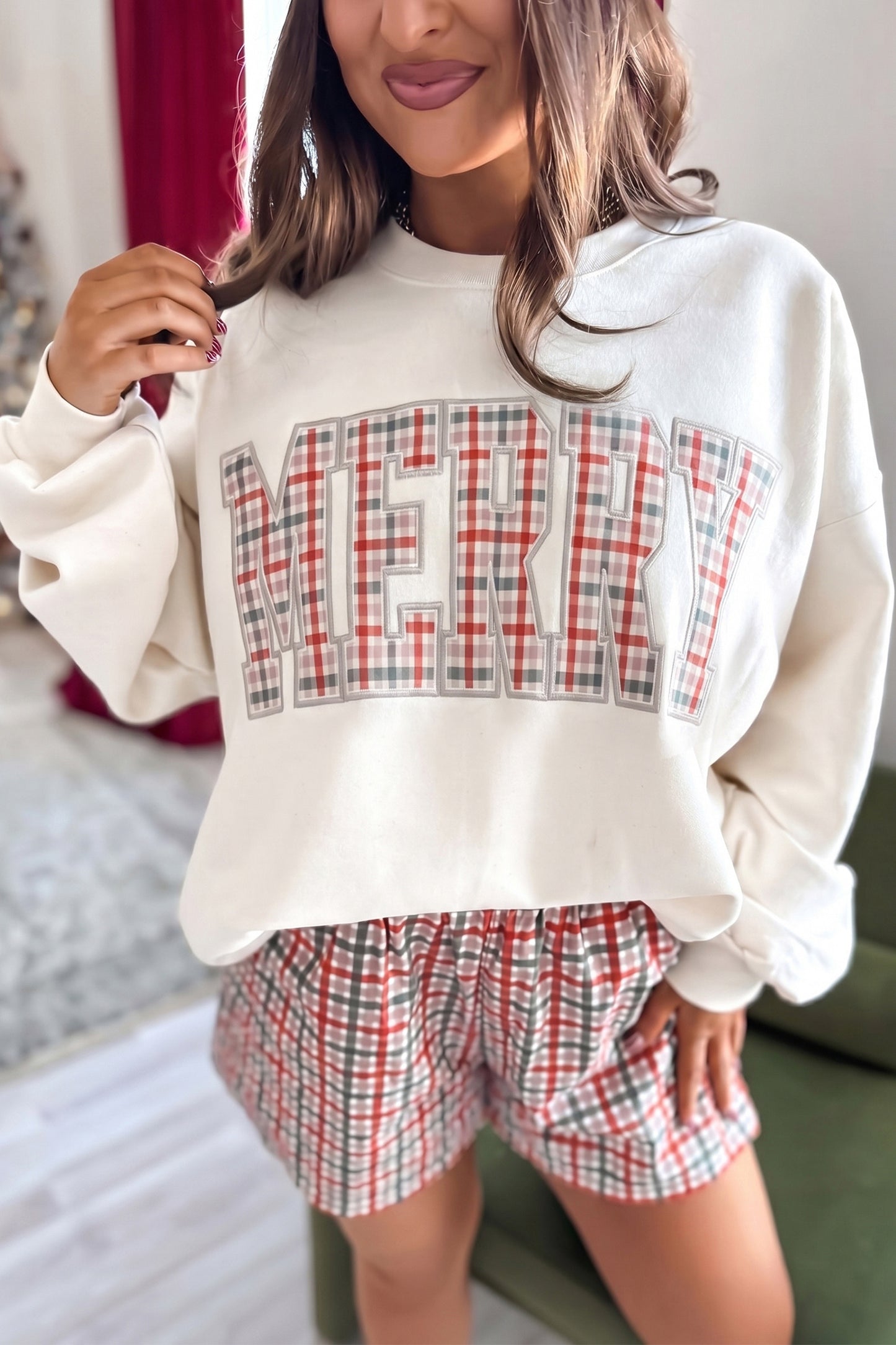 Red Plaid MERRY Holiday Long Sleeve Top and Shorts Set