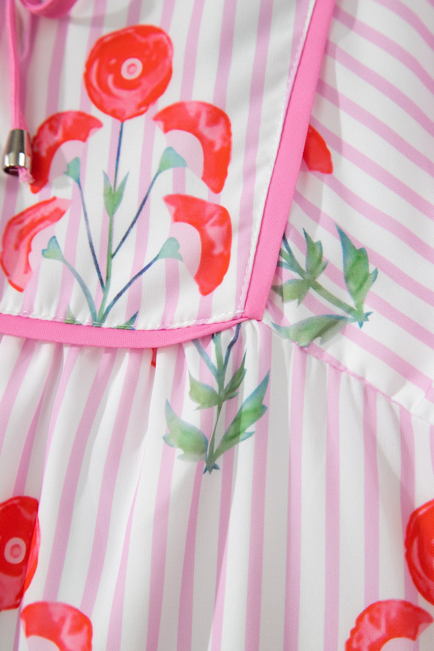Pink Floral Striped Print Tie Notched Neck Puff Sleeve Flared Mini Dress