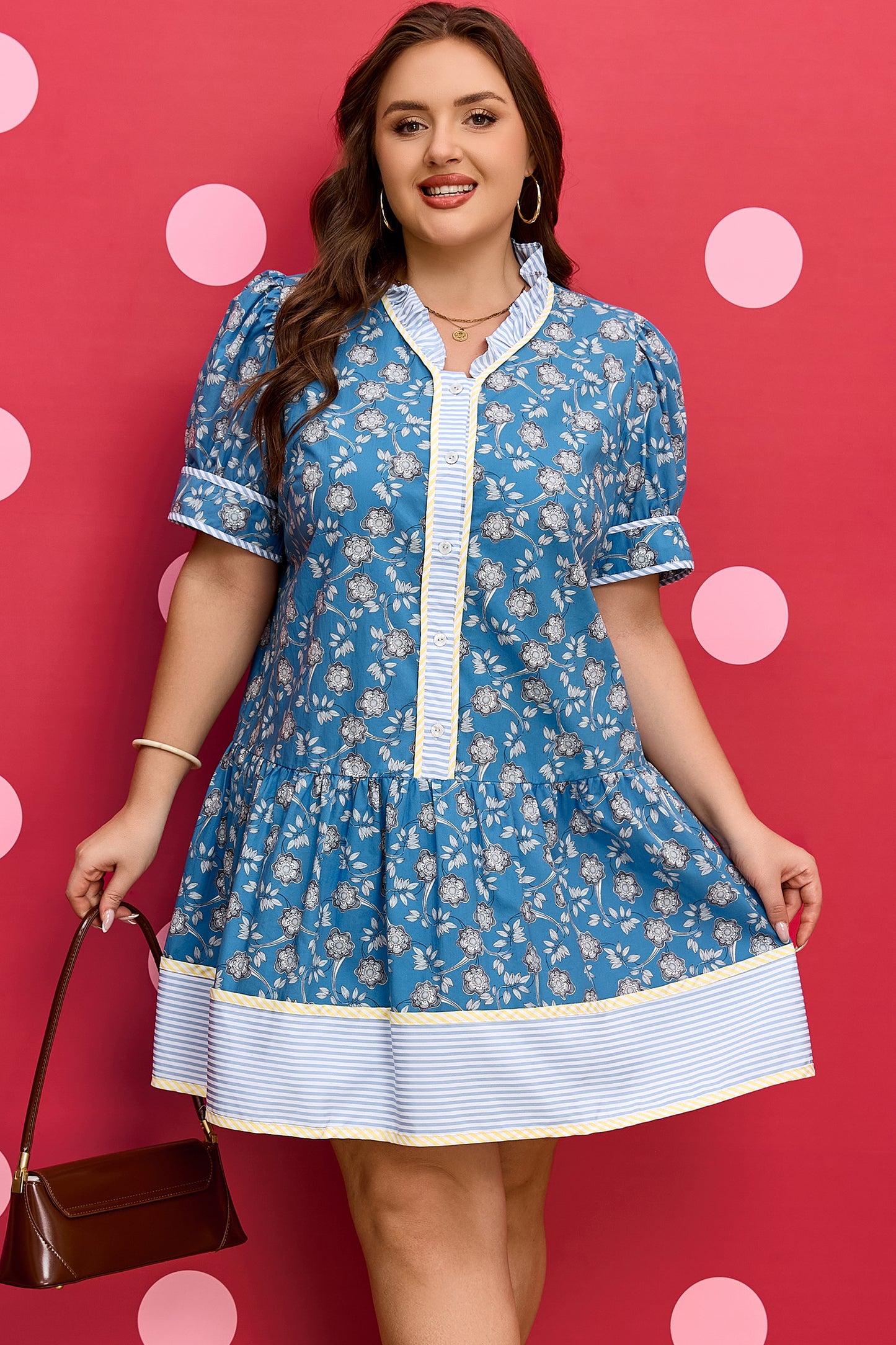 Blue Plus Size Floral Print Striped Patchwork Detail Button Front Ruffle Hem Dress