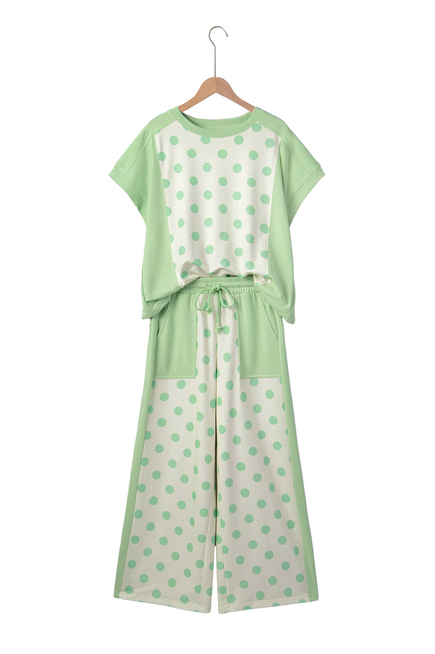 Pink Color Block Patchwork Polka Dot Wide Leg Pant Set