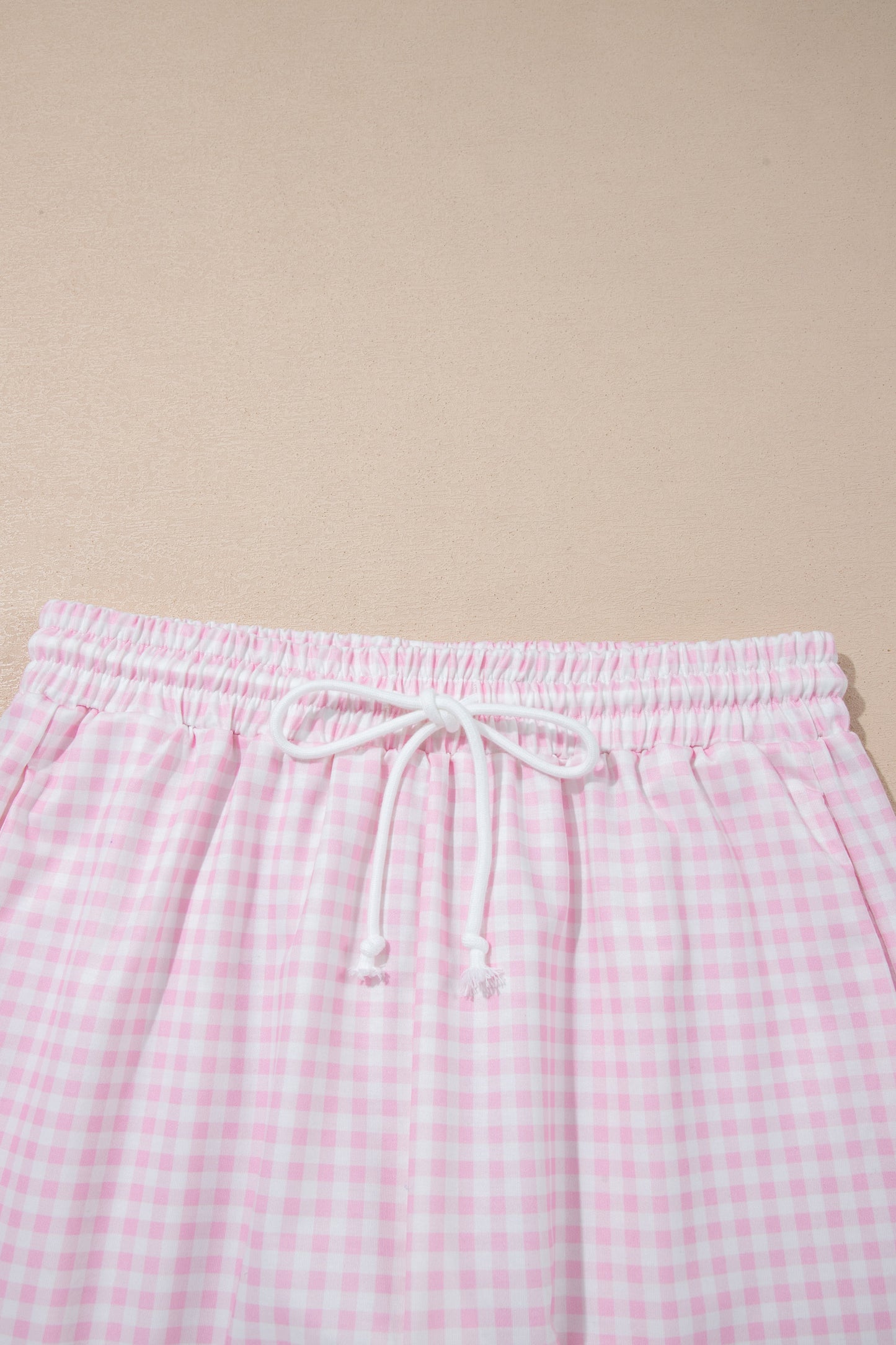 Pink Plaid Zip Neck Sleeveless Top Elastic Waist Shorts Casual Two Piece Short Set