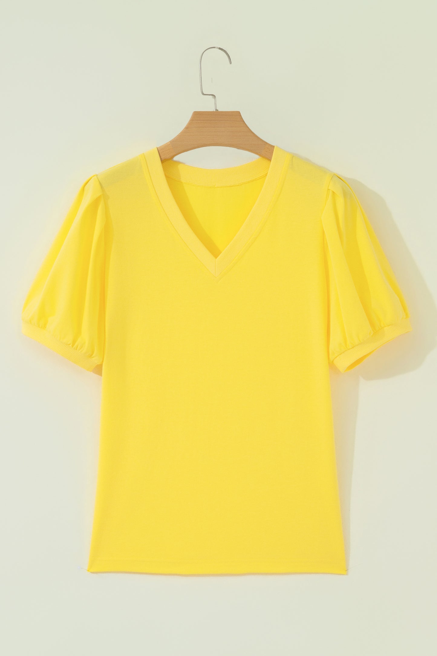 Mint Green Solid Color V Neck Short Puff Sleeve Blouse