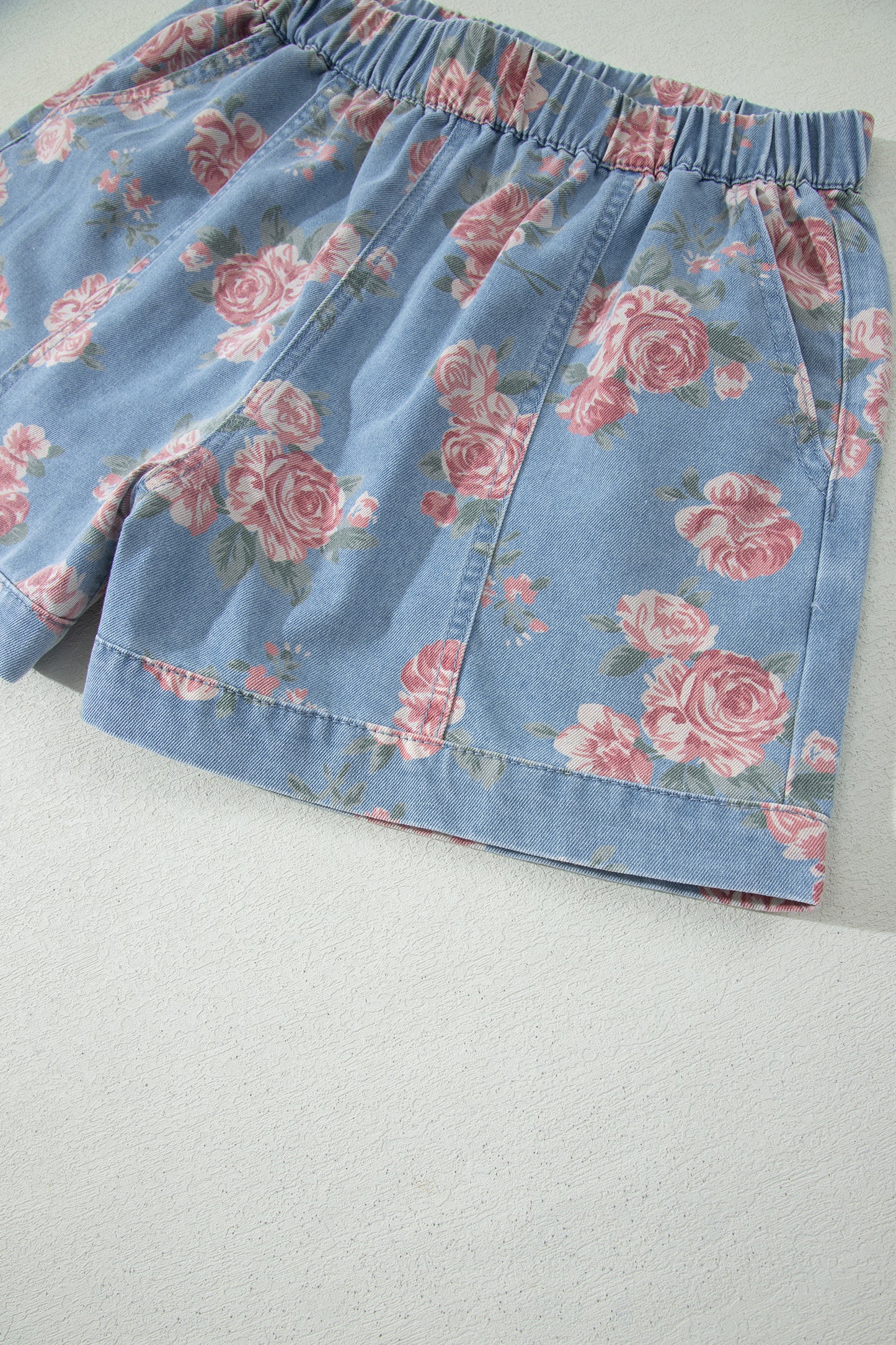 Sky Blue Floral Denim Short Sleeve Top Loose Shorts 2pcs Set