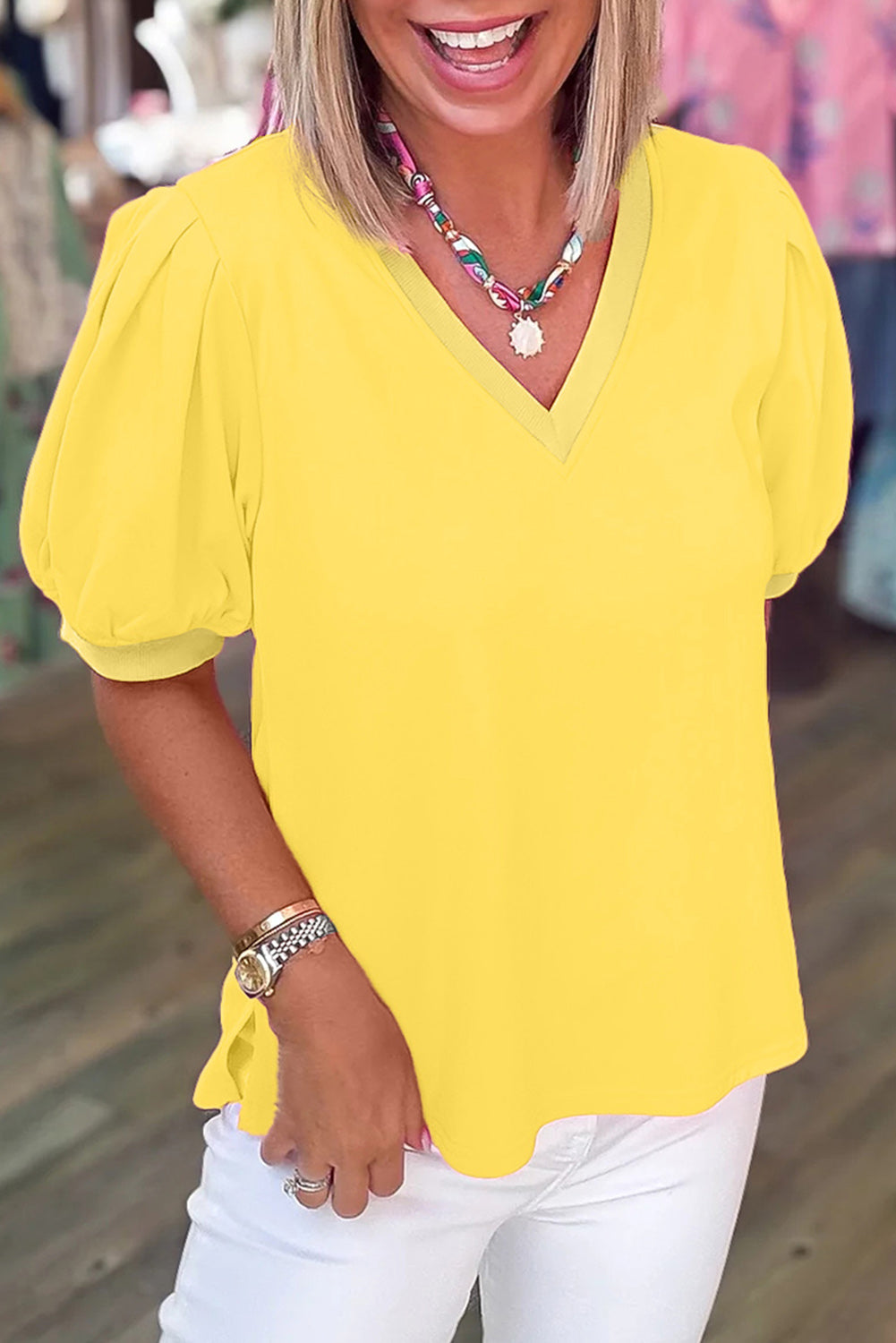 Mint Green Solid Color V Neck Short Puff Sleeve Blouse