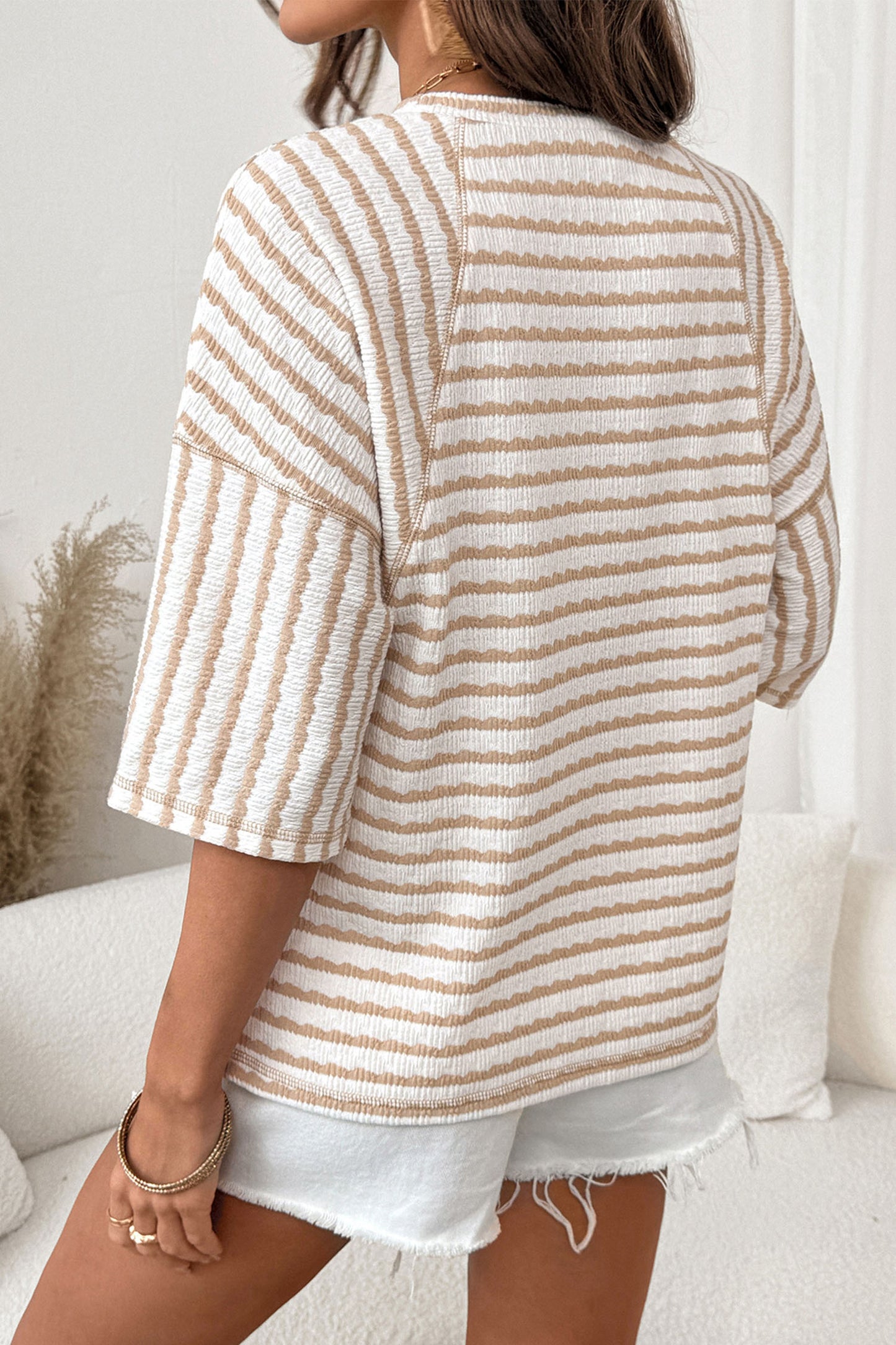 Pink Stripe Textured Knit Split Hem Half Sleeve Loose Top