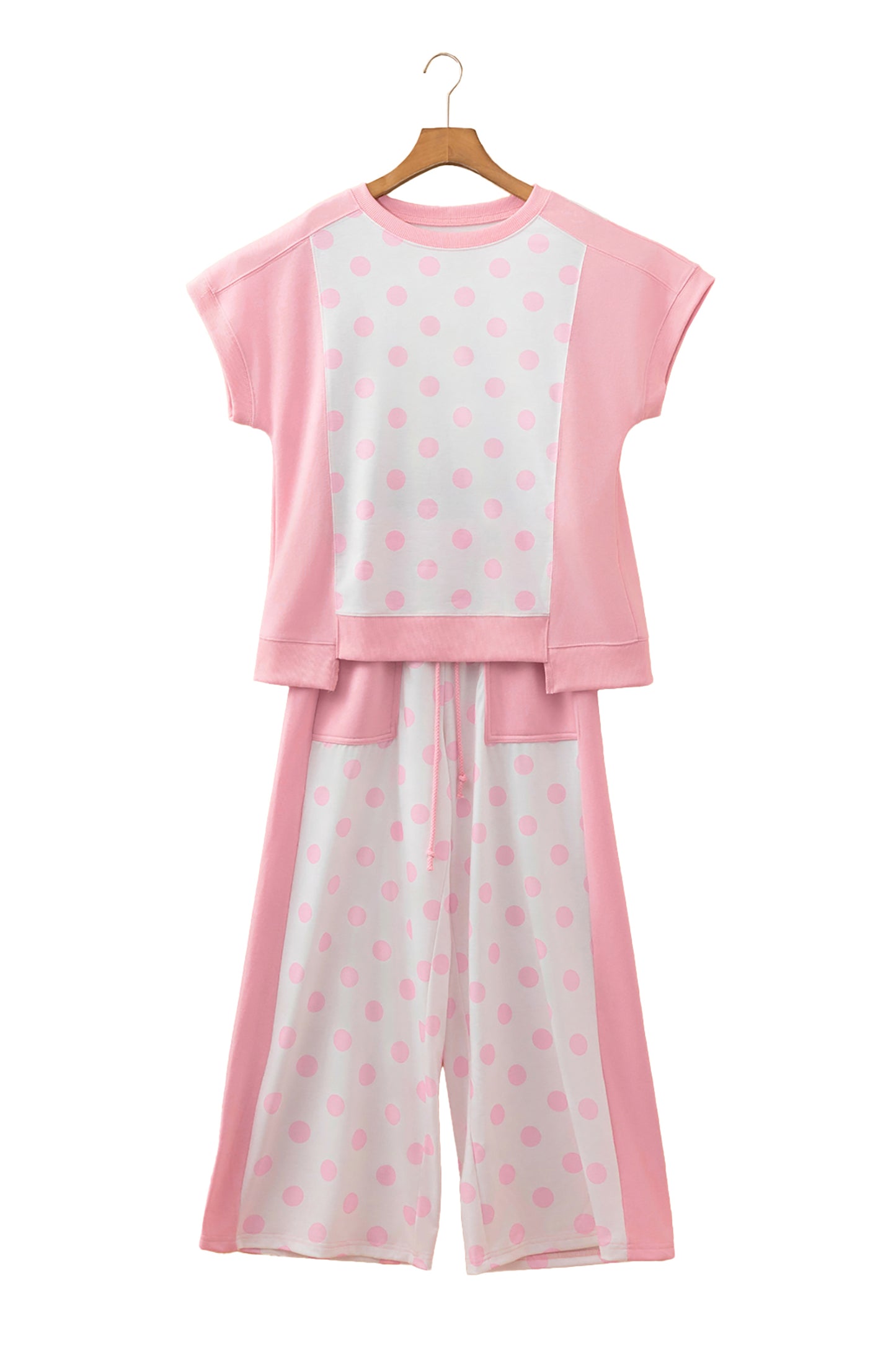 Pink Color Block Patchwork Polka Dot Wide Leg Pant Set