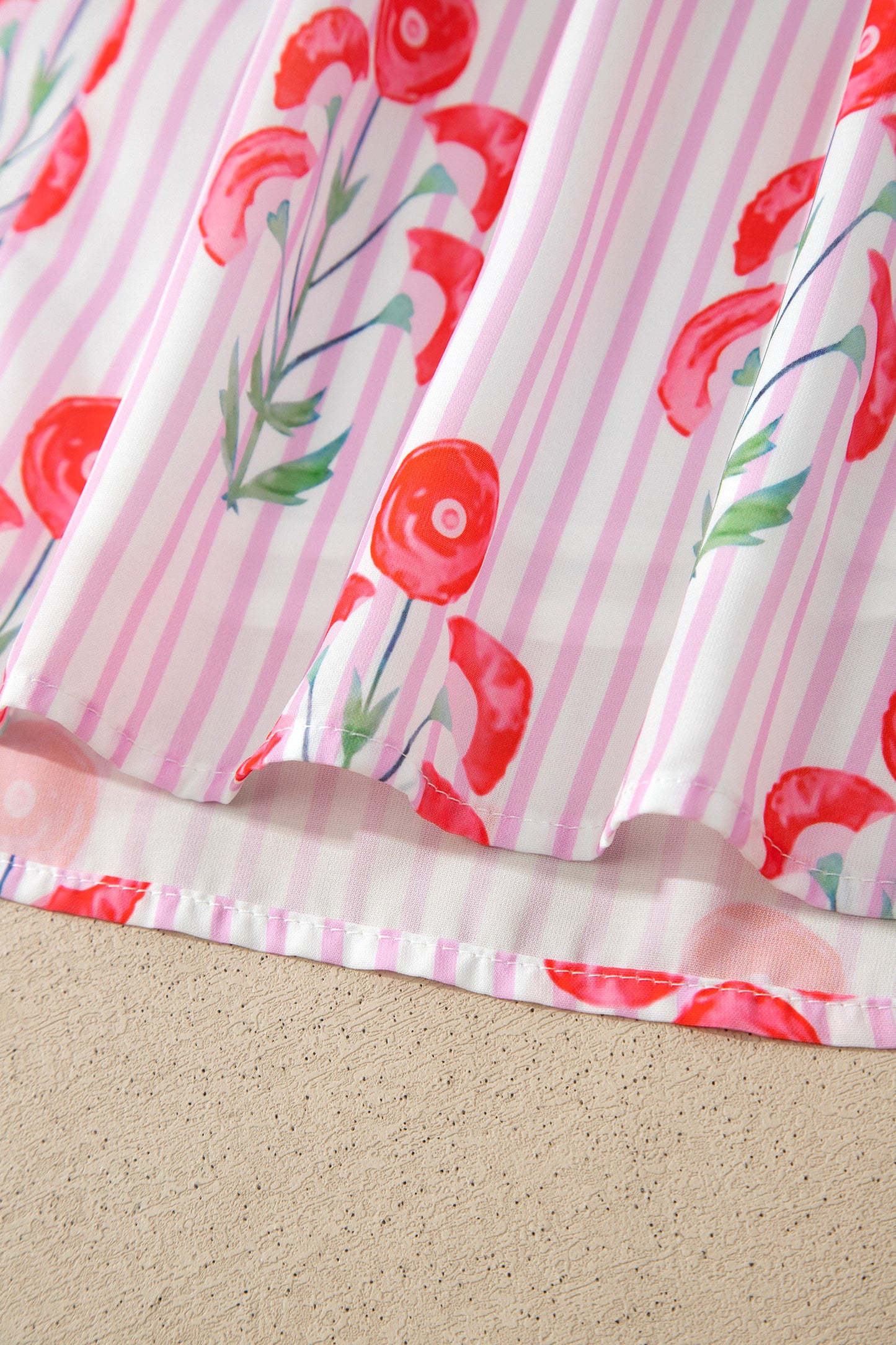 Pink Floral Striped Print Tie Notched Neck Puff Sleeve Flared Mini Dress