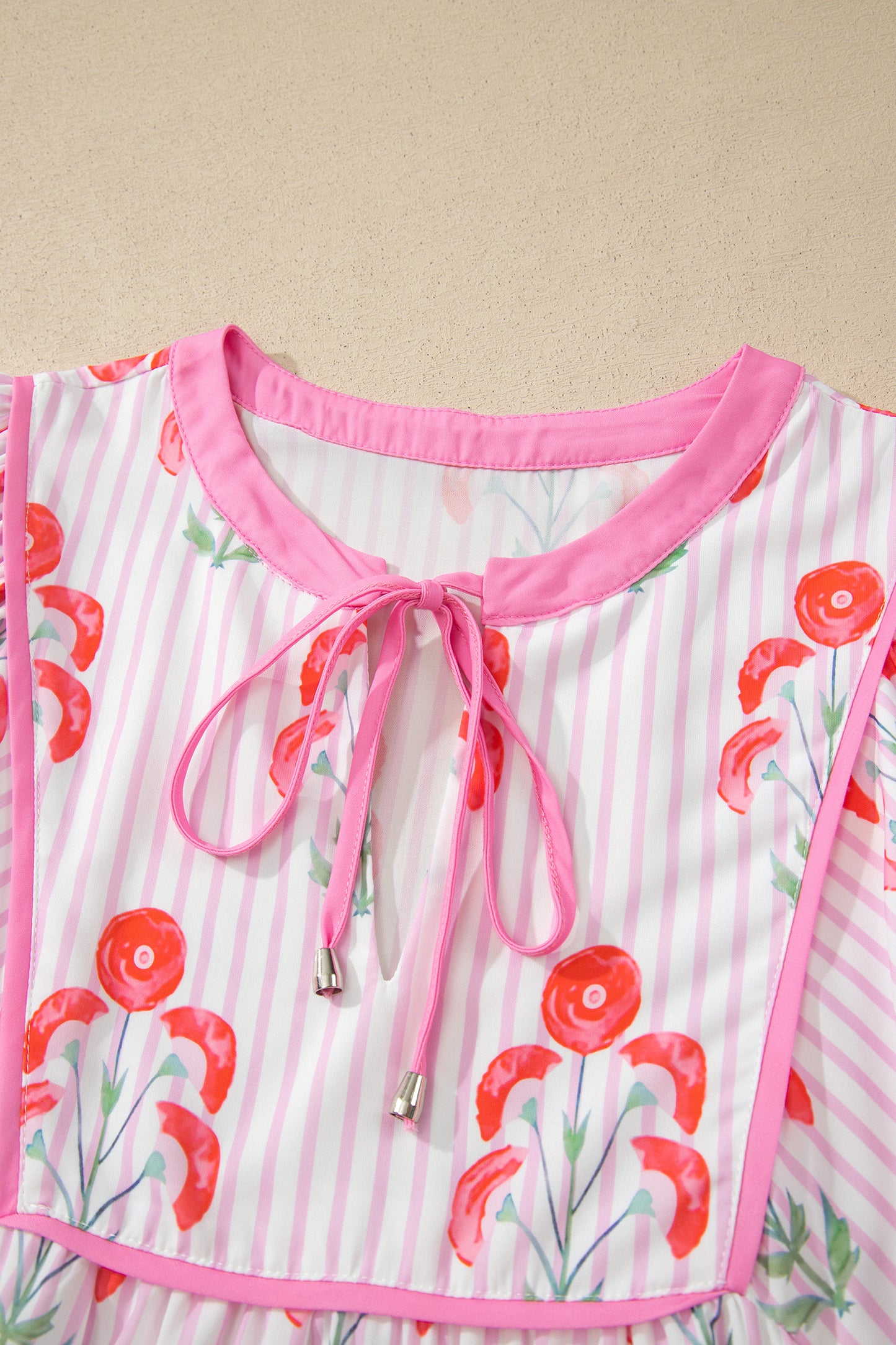 Pink Floral Striped Print Tie Notched Neck Puff Sleeve Flared Mini Dress