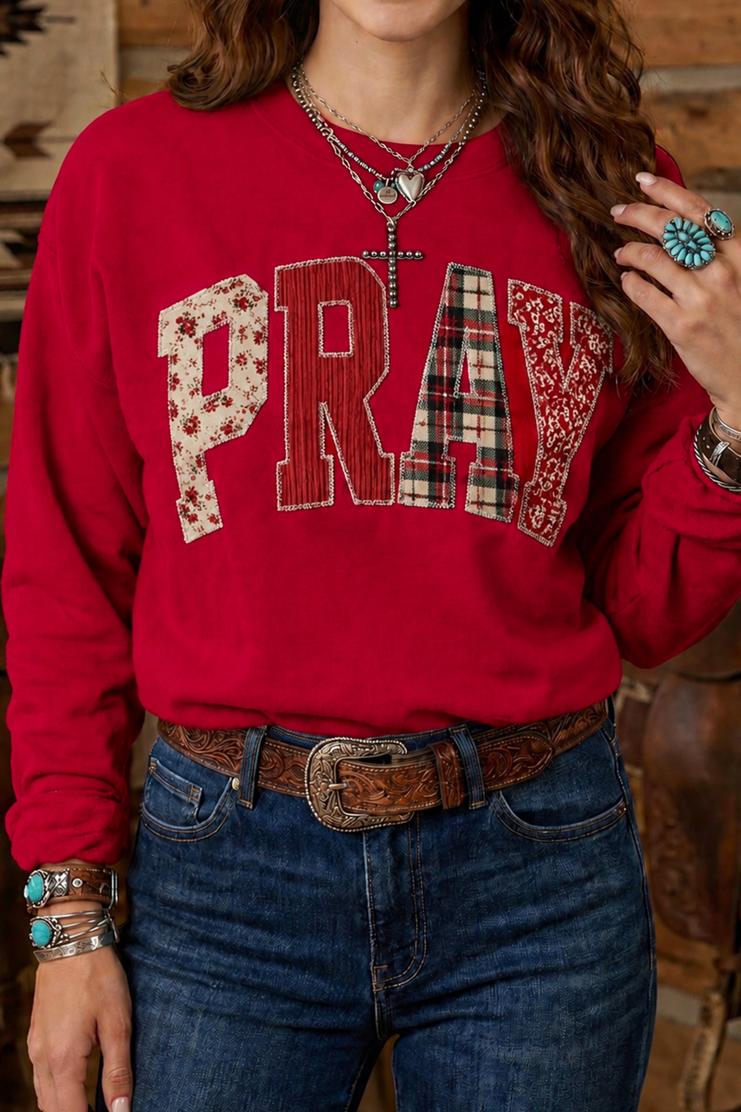 Gray Floral Buffalo Plaid Striped Embroidered Patch Western Pullover Sweatshirt