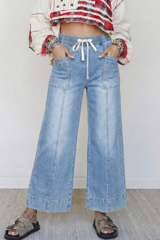 Beau Blue Drawstring Waist Wide Leg Ankle Length Jeans