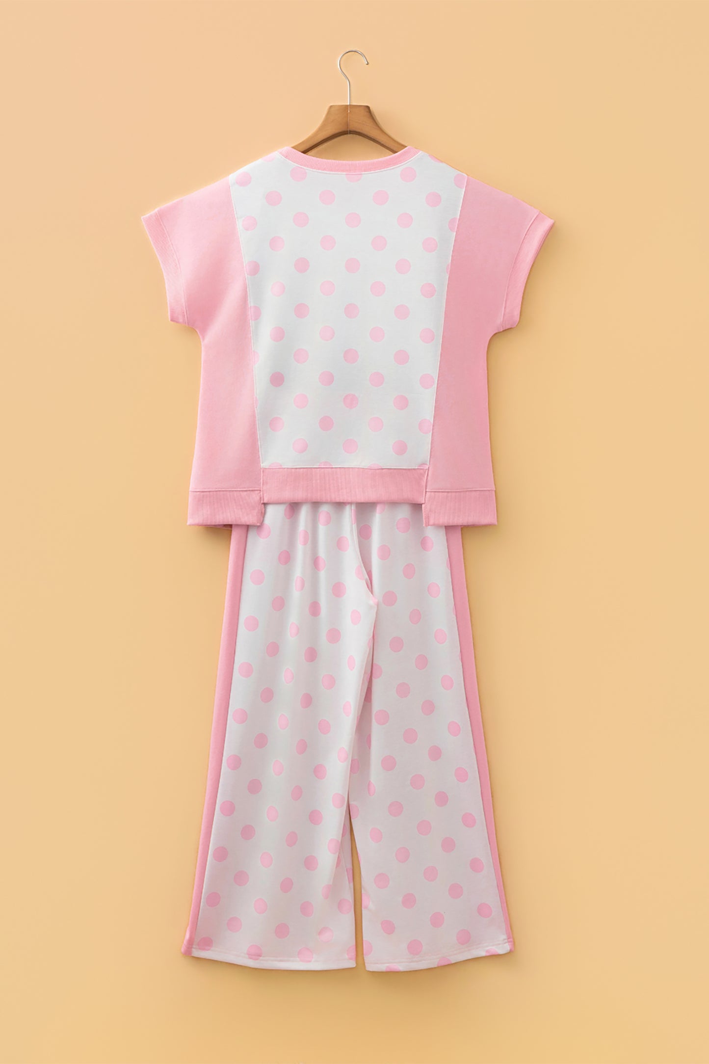 Pink Color Block Patchwork Polka Dot Wide Leg Pant Set
