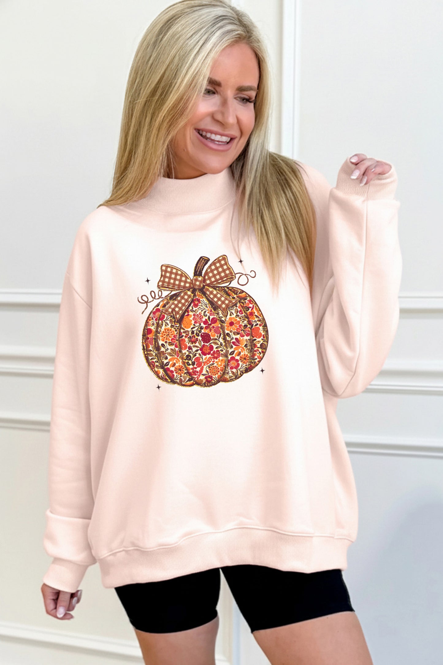 Apricot Pink Floral Pumpkin Graphic Mock Neck Oversized Sweatshirt